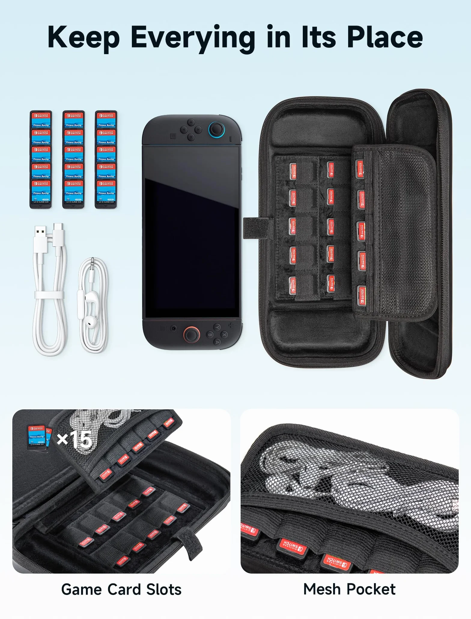 JSAUX Torba kompatybilna z Nintendo Switch 2 2025, ochronna twarda torba z 15 przegródkami na karty do gry, przenośna torba podróżna na konsolę Switch 2 i akcesoria, czarna