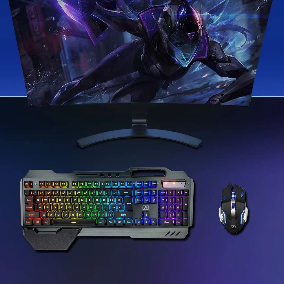 Bezprzewodowa klawiatura do gier, mysz z podświetleniem RGB, ładowalna mysz z baterią 5000 mAh, metalowy panel, zdejmowana podpórka pod rękę, klawiatura mechaniczna i 7 kolorów wyciszona mysz do gier