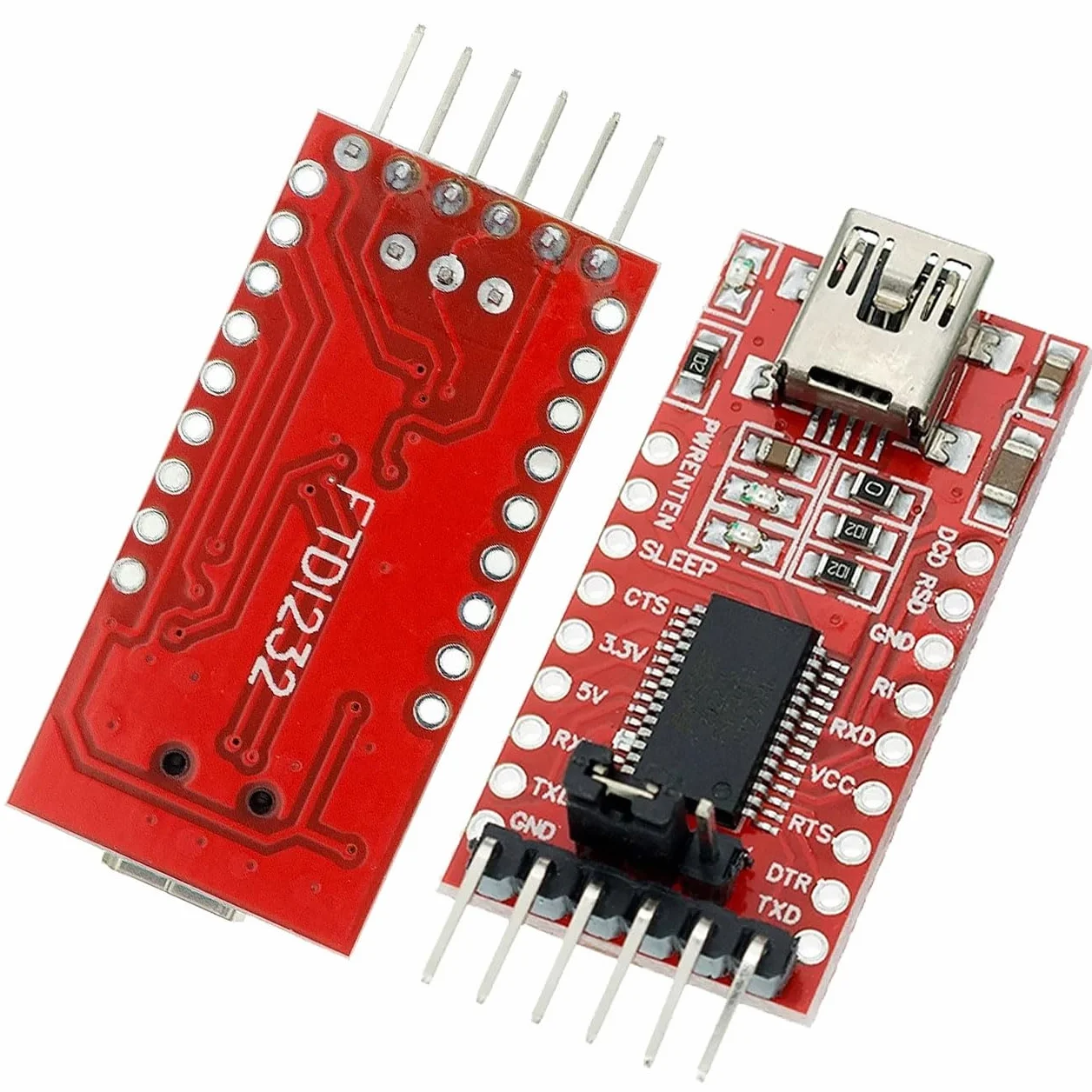 Moduł konwertera USB-UART FT232RL - interfejs RS232 TTL, MiniUSB, 3,3 V/5 V, LED, kompatybilny z WinXP-10 | adapter szeregowy | zintegrowana elektronika