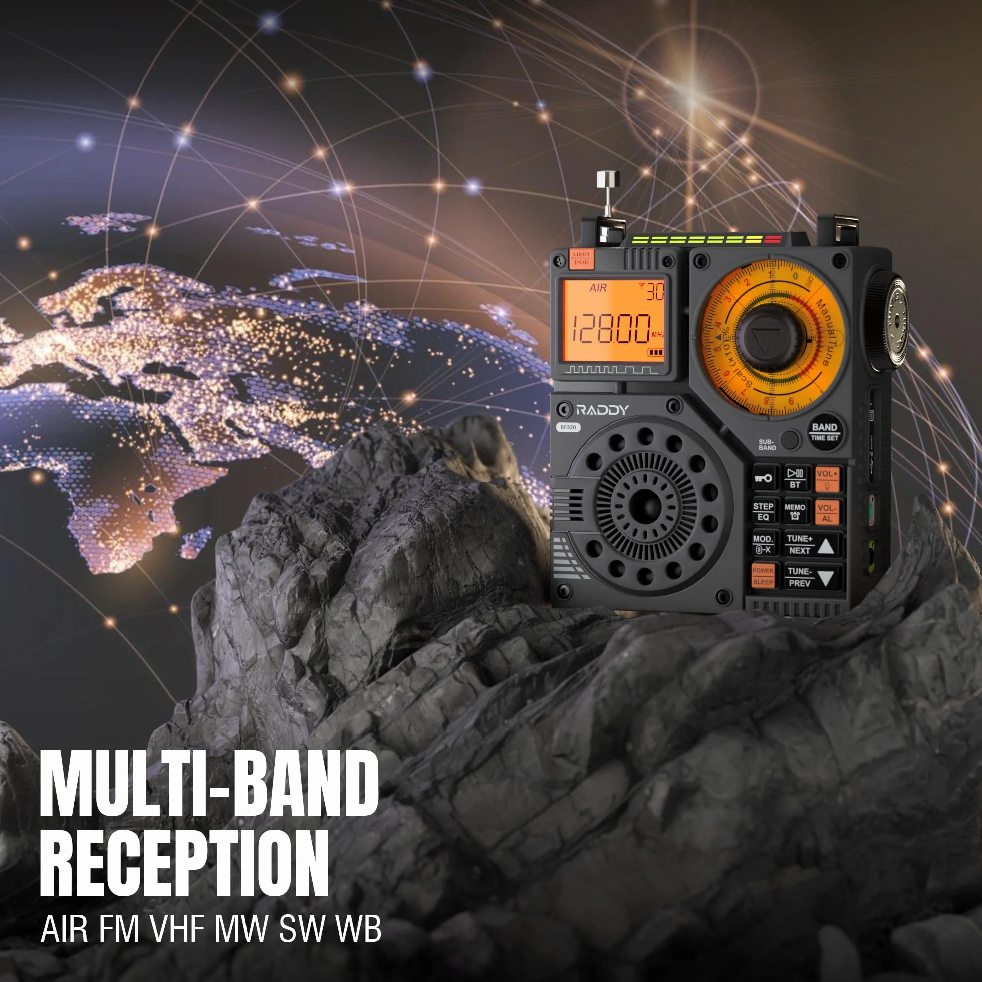 Radio krótkofalowe Raddy RF320, odbiornik FM/AM/VHF/SW/AIR, obsługa kart Bluetooth/TF, ładowalne radio przenośne z 3-metrowymi słuchawkami dousznymi z anteną Latarka SOS