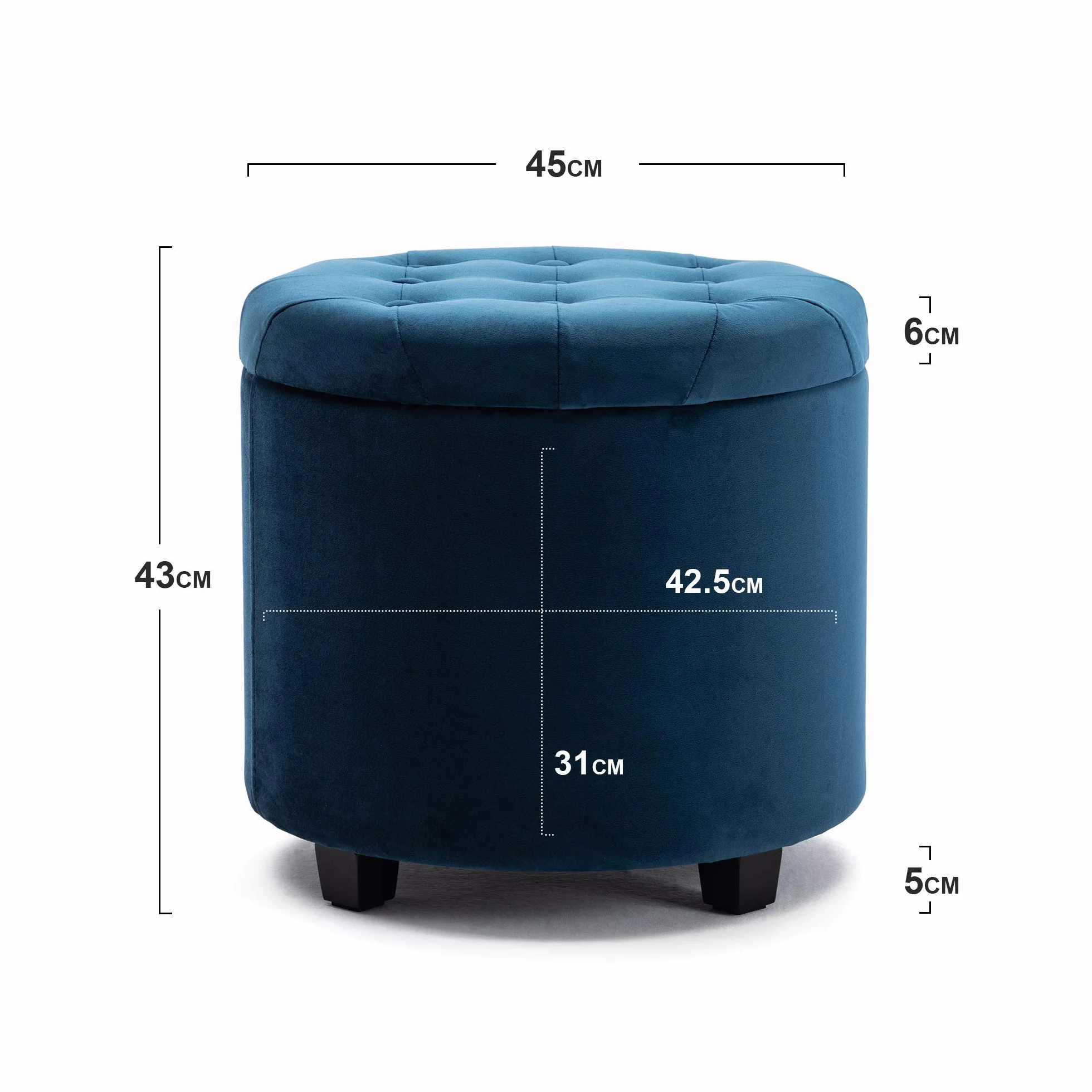 HNNHOME® 45 cm okrągłe nowe aksamitne wyściełane siedzisko otomana schowek pufy krzesło z pokrywką (granatowy, aksamit)
