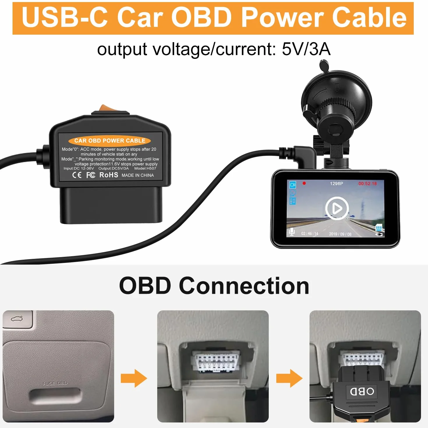OBD kabel zasilający do kamery samochodowej, zestaw OBD2 do Typ C z przyciskiem włącznika, 12-36V do 5V/3A, 24-godzinna monitorowanie/tryb ACC, Nadaje się do kamery samochodowej, GPS lub