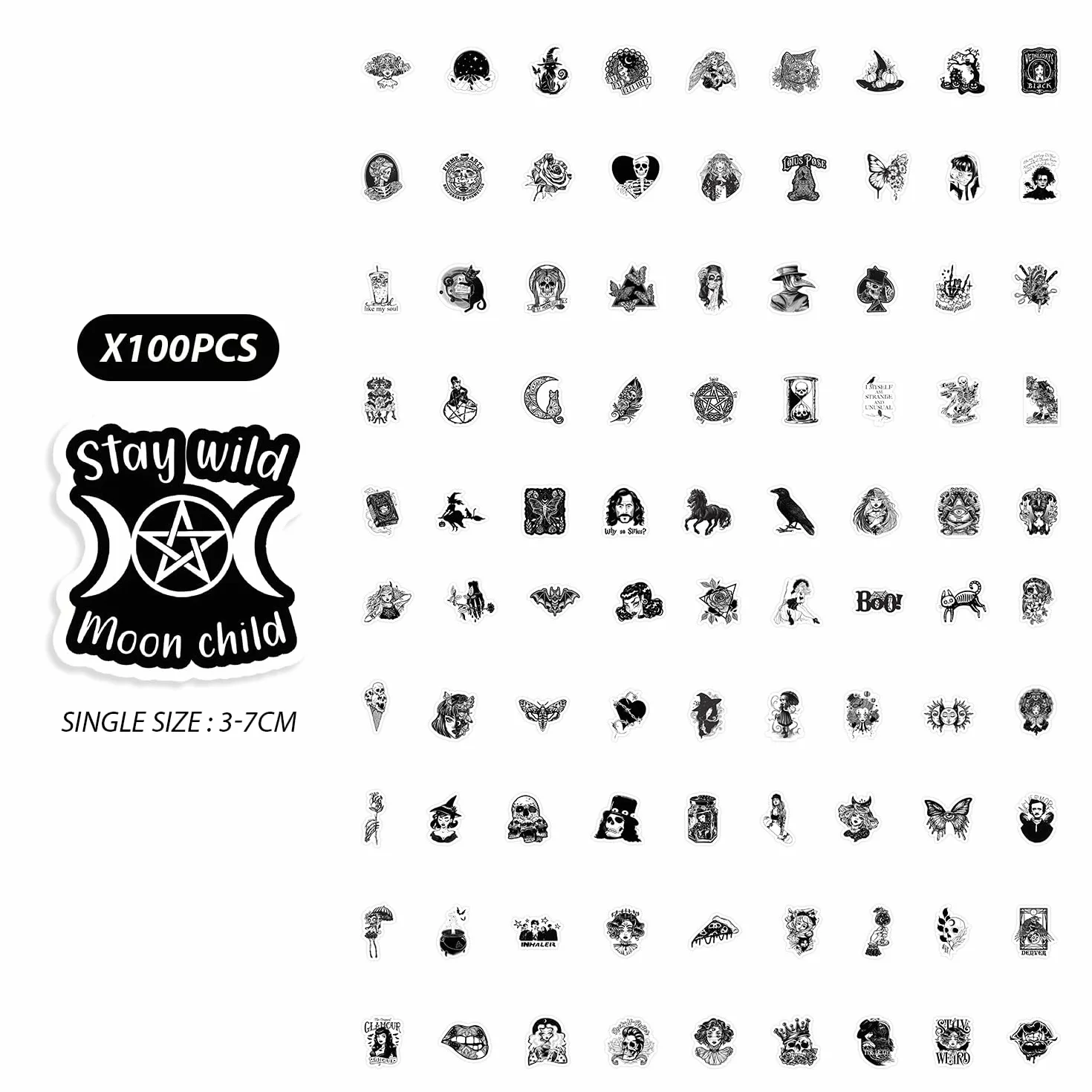 100 arkuszy gotyckich czarno-białych naklejek, modne naklejki w stylu retro, wodoodporne naklejki dekoracyjne do pomieszczeń, fajne naklejki graffiti, odpowiednie na komputer, butelki z wodą, skutery