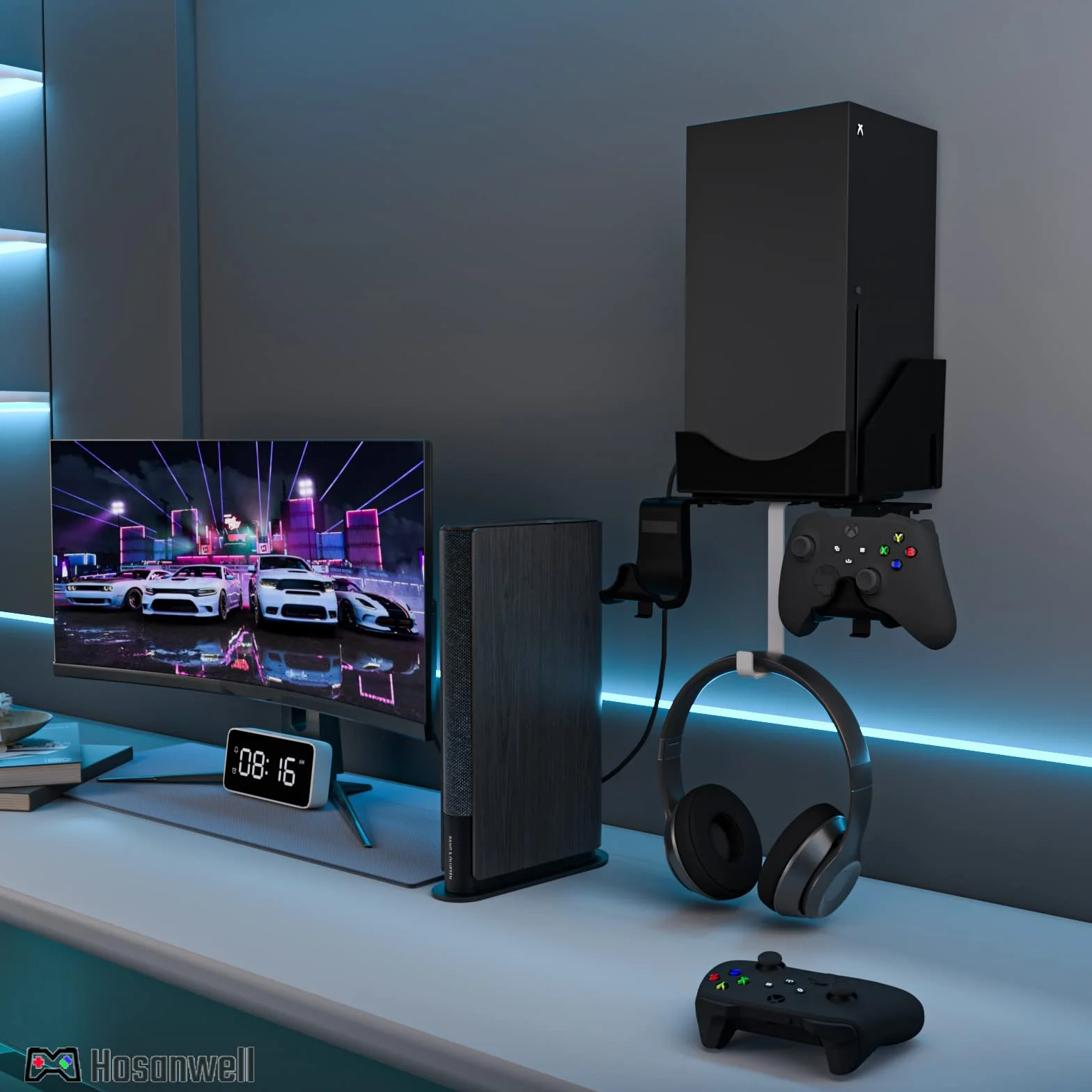Uchwyt ścienny Xbox Series X Zestaw do kontrolera, konsoli i kasków, mata antypoślizgowa, nacięcie ładowania USB