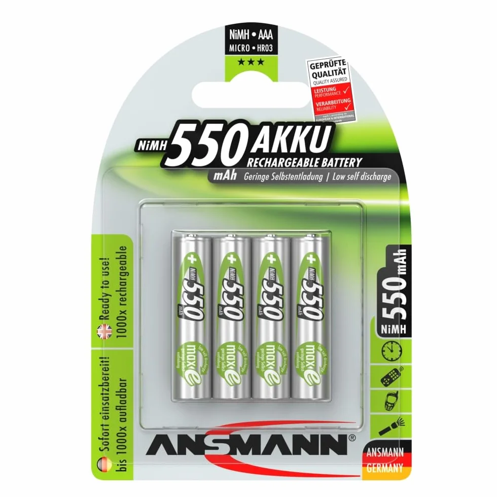 ANSMANN Akumulator AAA 550 mAh NiMH 1,2 V (4 sztuki) – baterie Micro AAA do ponownego ładowania, MaxE zapewnia wyjątkowo niski poziom samorozładowania do wieloletniego użytkowania