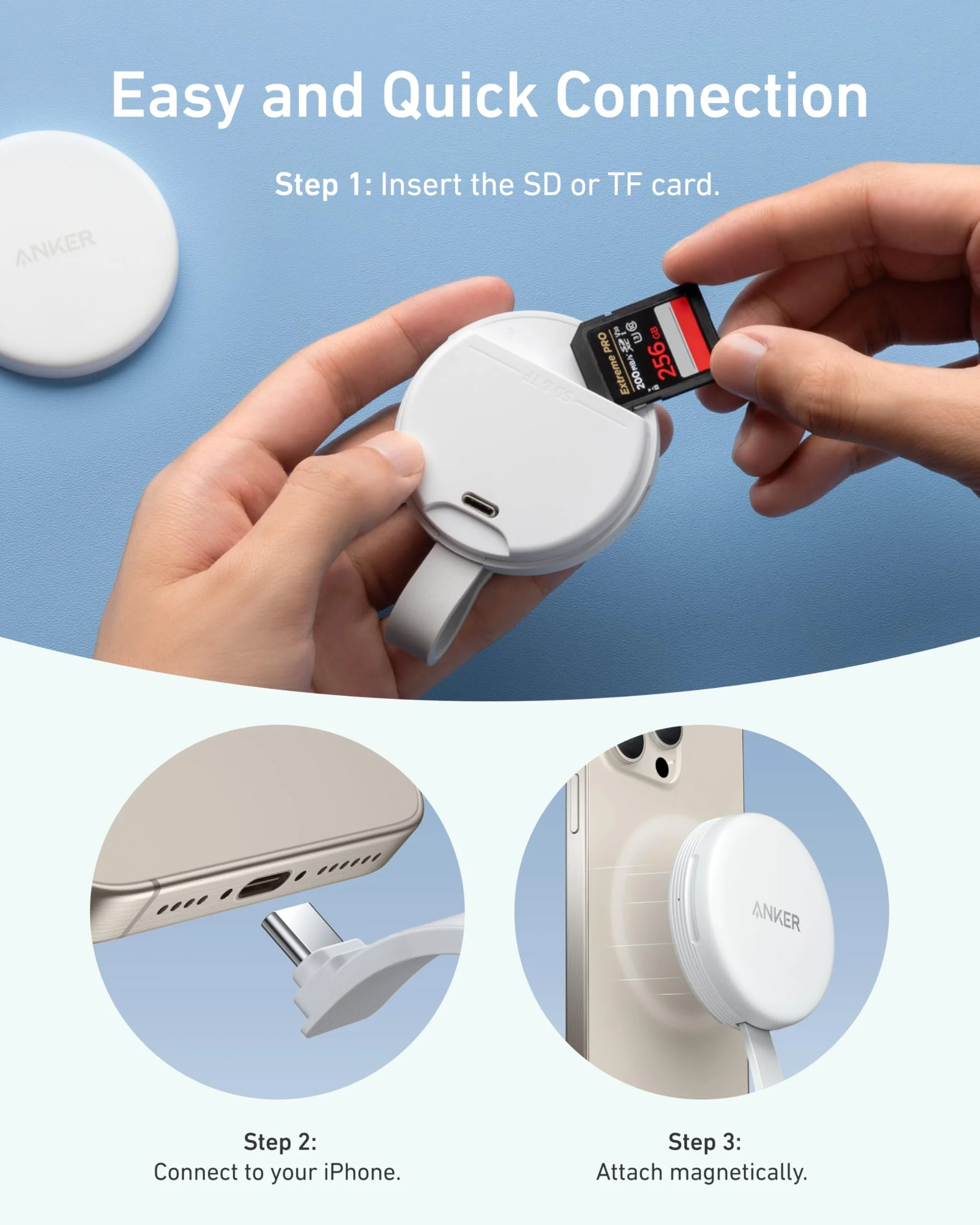 Anker MagGo adapter USB-C magnetyczny czytnik kart pamięci SD do serii 15 i więcej, z kablem, 2 karty SD i TF, transfer danych 312 MB/s USB-C