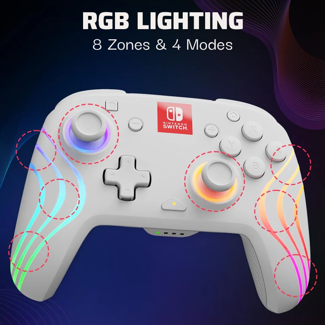 PDP Afterglow Wave Wireless Pro Controller for Nintendo Switch OLED, 8 RGB LED Zones, 30ft Range, 20H Battery White