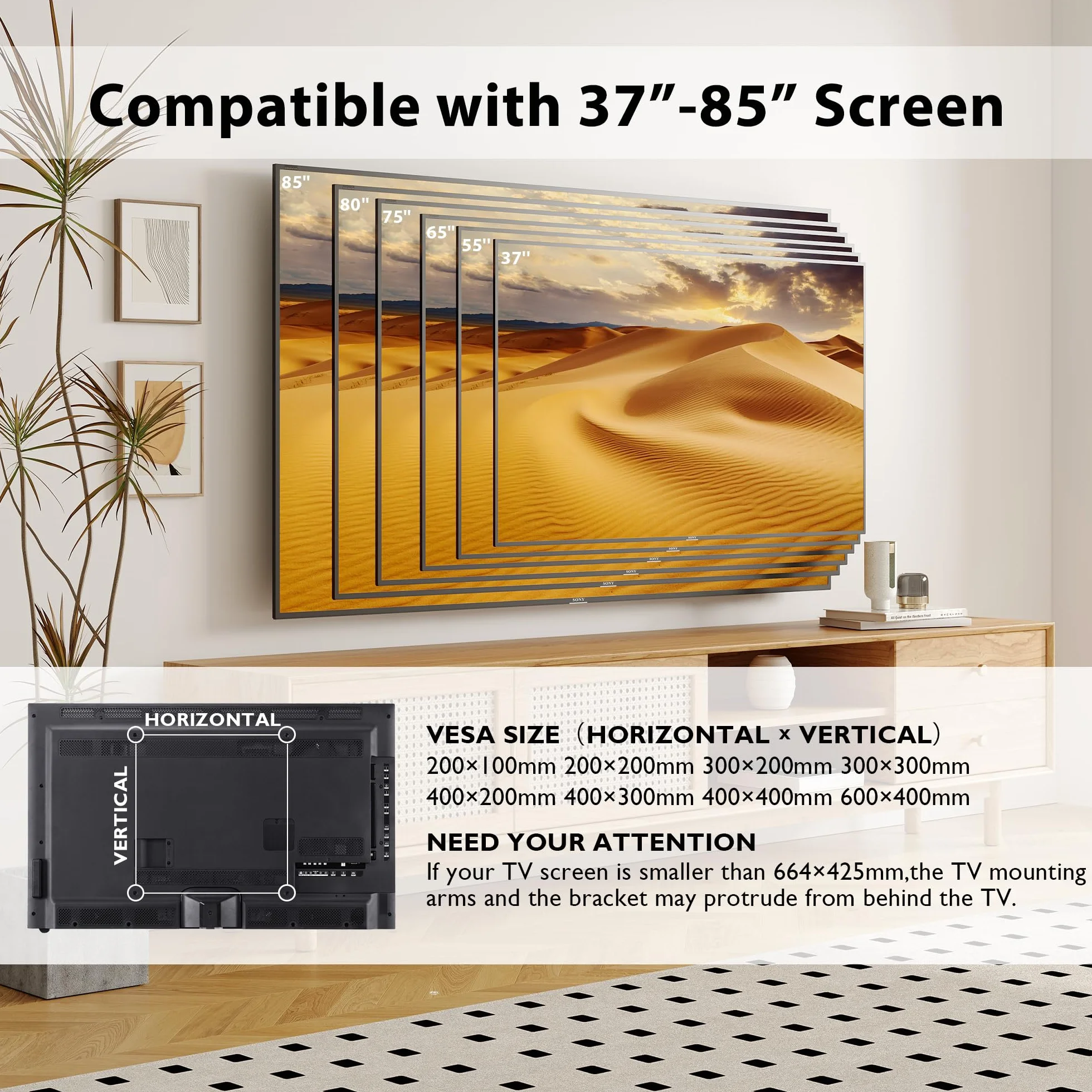 BONTEC Uniwersalny uchwyt ścienne do TV 37-85 cali, do 60 kg, z obrotową i kątową funkcją, podwójnym ramieniem, max VESA 600x400 mm, zestaw do montażu z szablonem, poziomicą i opaskami kablowymi