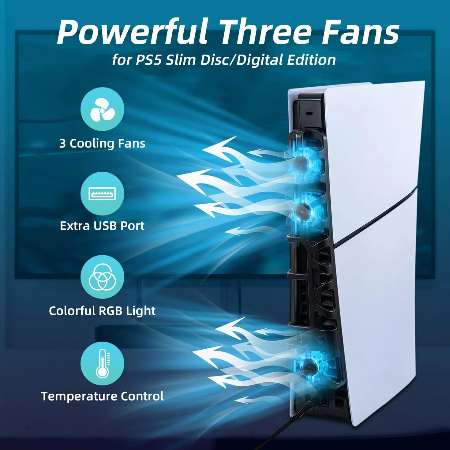 Wentylator chłodzący PS5 Slim z kolorowym światłem LED, cichy wentylator z regulacją temperatury do konsoli PS5 Slim DE/UHD, 3 tryby - czarny - nie dla PS5/PS5 Pro