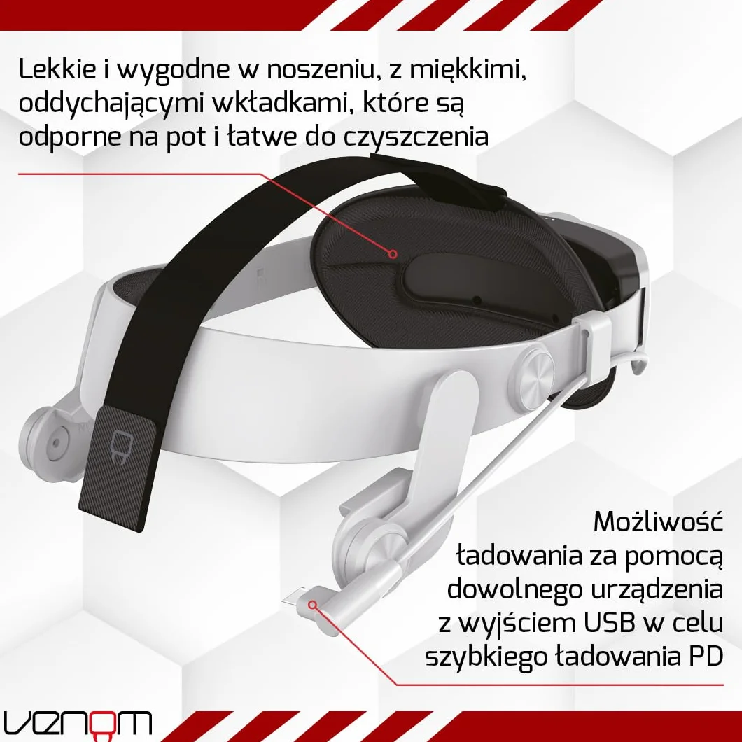 Venom Pasek Power Strap do Meta Quest - wyściełany pasek na głowę z power bankiem - kompatybilny z Quest 2, Quest 3, Quest 3S