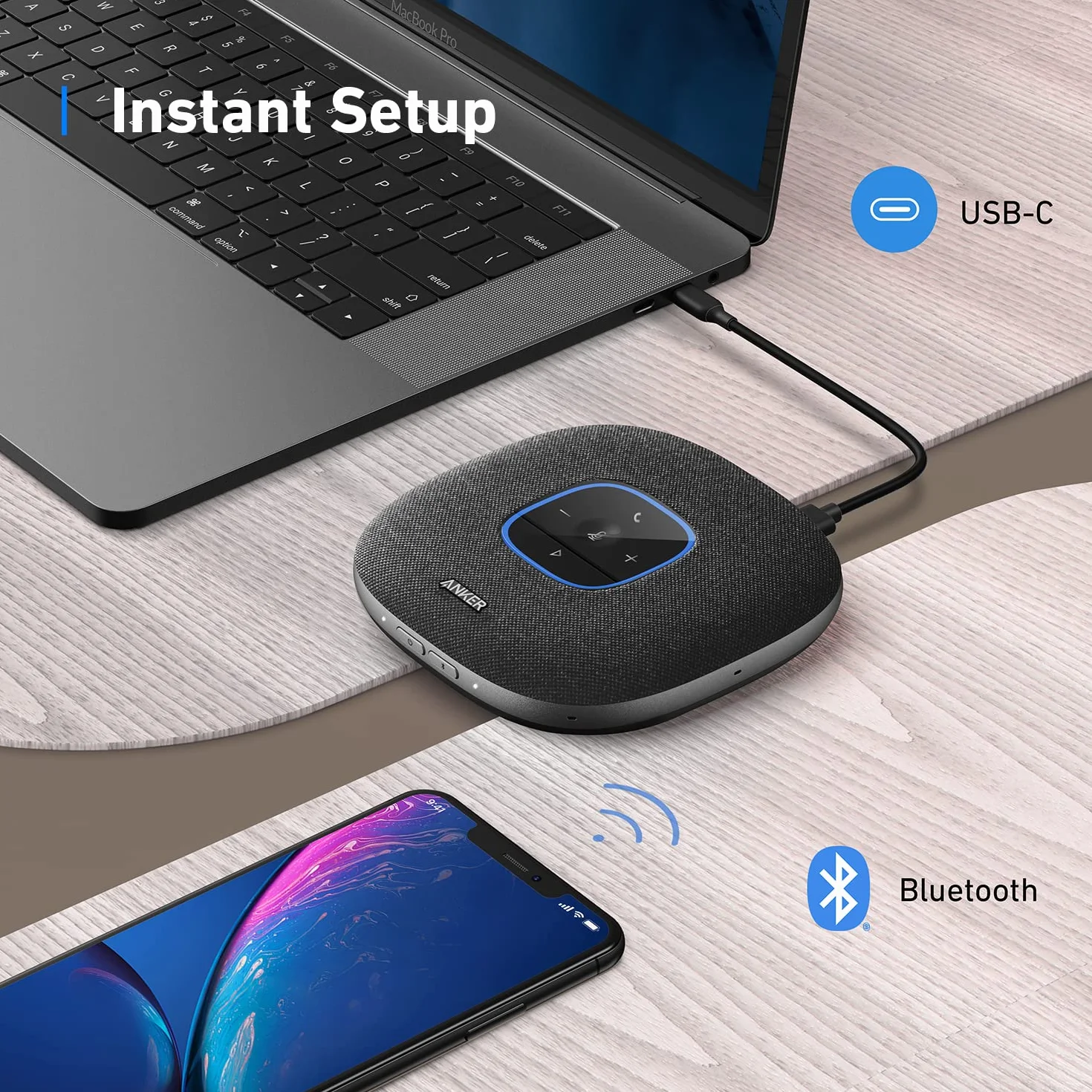 Anker PowerConf S3 głośnik konferencyjny, 6 mikrofonów, inteligentne nagrywanie dźwięku, akumulator 24 godziny, aplikacja Soundcore, Bluetooth 5, USB-C, do biura i biura domowego (czarny)
