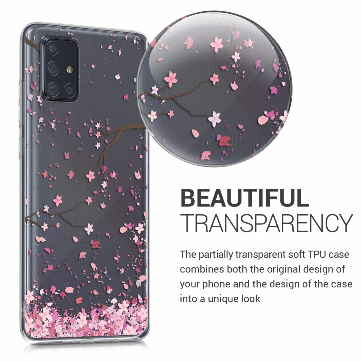 KWMOBILE CZAS Kompatybilny z Samsung Galaxy A71 - Case silikonowy przezroczysty liście kwiatu wiśni różowy ciemnobrązowy przezroczysty
