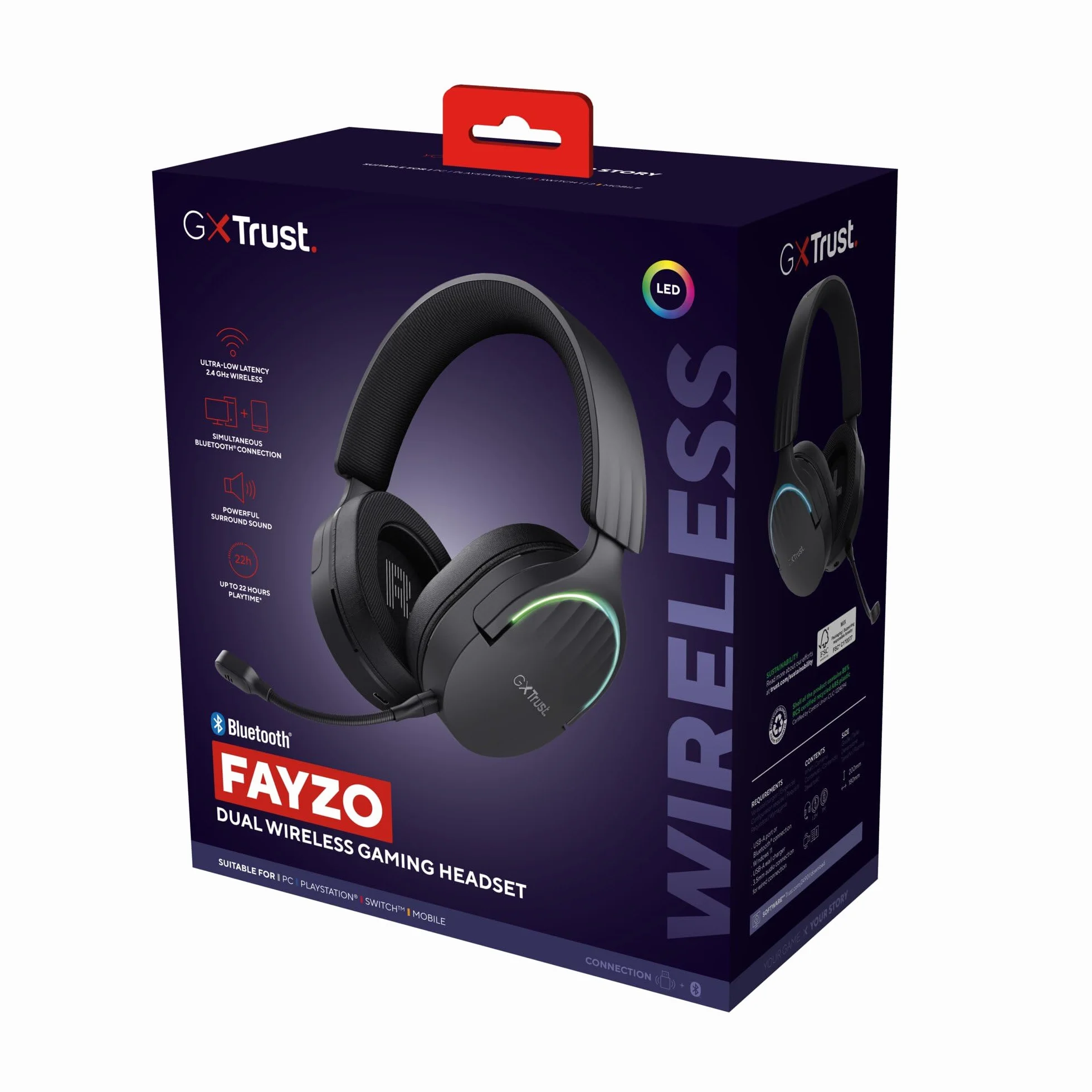 GXTrust 491 Fayzo zestaw słuchawkowy gamingowy Bluetooth 2,4 GHz dźwięk przestrzenny 7.1 czas pracy baterii 22 h bezprzewodowy headset RGB wokółuszny czarny