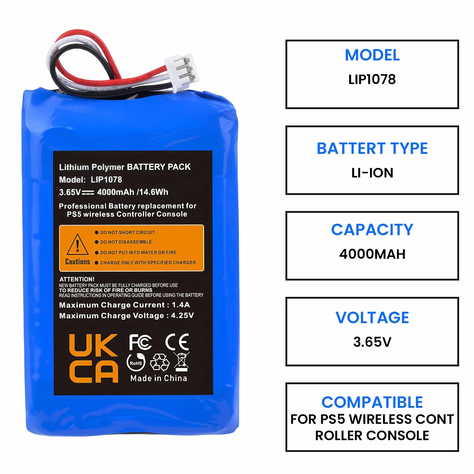 Akku do kontrolera PS5, 4000mAh 3.65V LIP1078 Battery-Akku, zamiennik Power PS5-Controller AkkuErsatz do kontrolera PS5-Playstation 5 DualSense bezprzewodowego