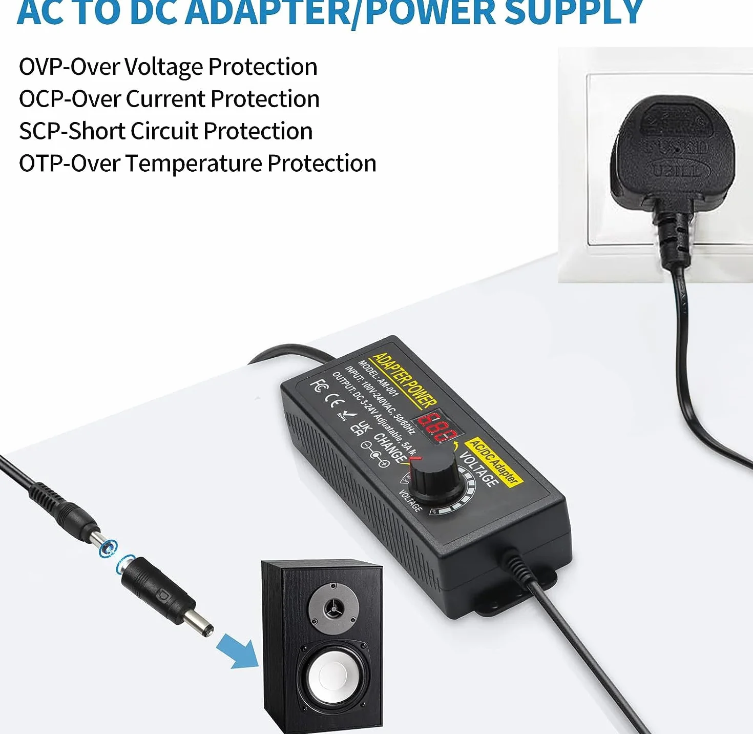 Regulowany zasilacz 3V~24V 5A 120 W, uniwersalny zasilacz AC/DC 3V 5V 6V 9V 12V 15V 18V 19V 20V 24V, konwerter AC/DC 100V-240V z 14 końcówkami 5,5 x 2,5 mm do taśm LED