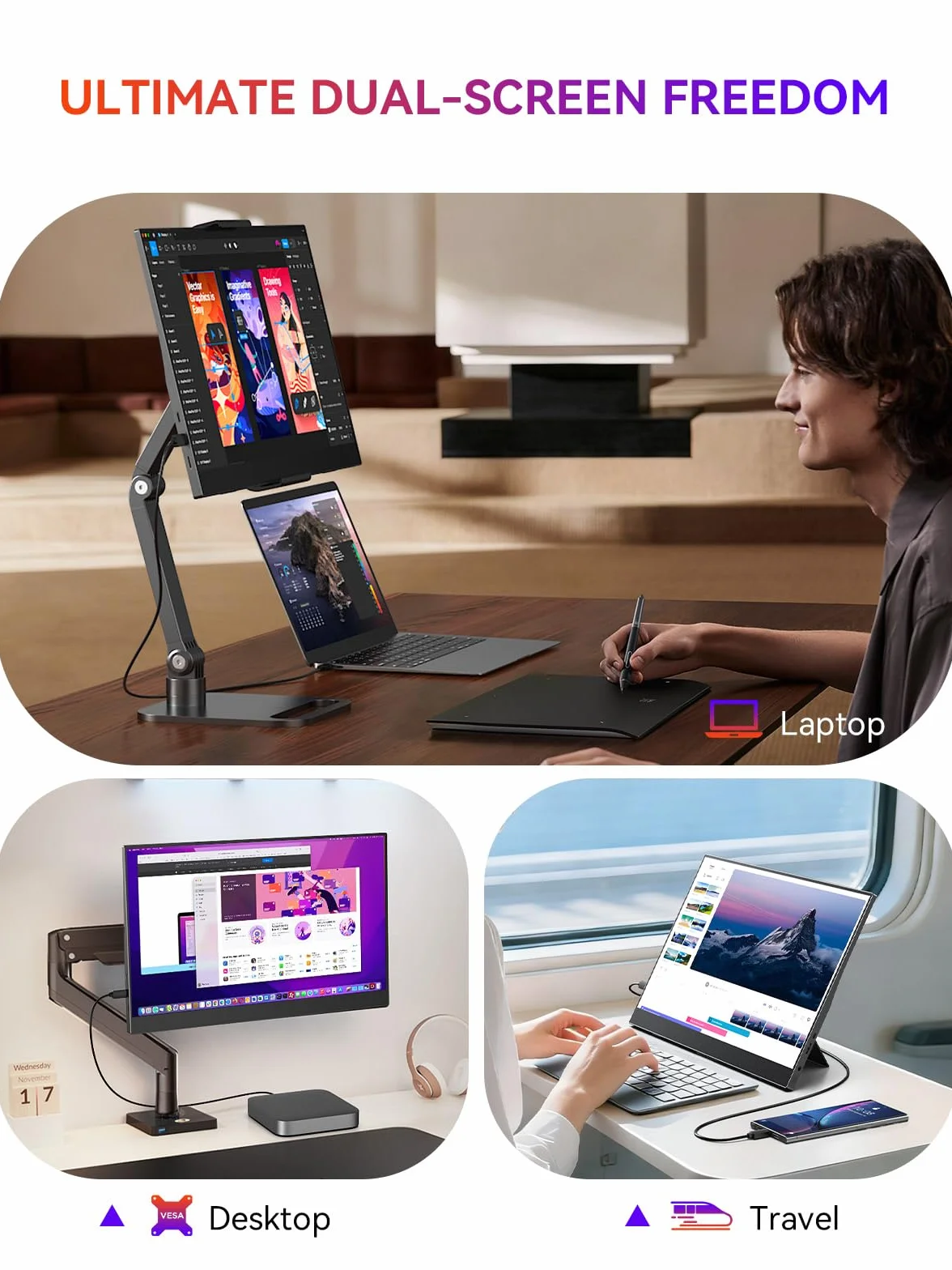UPERFECT Przenośny Monitor 15,6" 125% sRGB Przenośny Monitor ze Składanym Stojakiem, 2000:1, HDR EyeCare FHD, Matowy, Ultra Cienki, Drugi Ekran do Laptopa/Komputera/Smartfona/Konsoli do Gier
