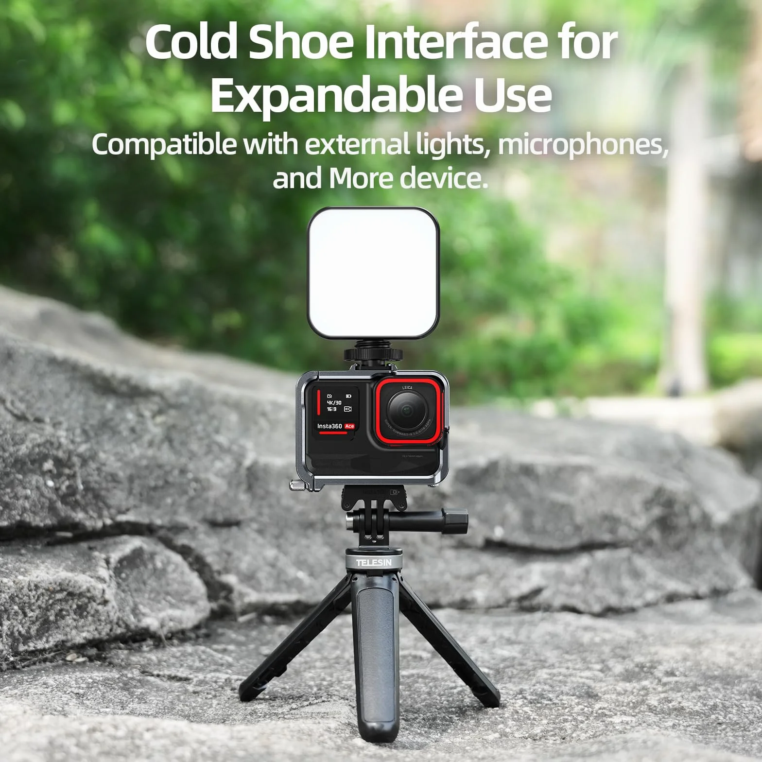TELESIN Pionowa pozioma aluminiowa obudowa metalowa klatka do Insta360 Ace i Insta 360 Ace Pro akcesoria do statywu, obudowa ramy ochronnej, tuleja szkieletowa z zimnym butem 1/4 do mikrofonu