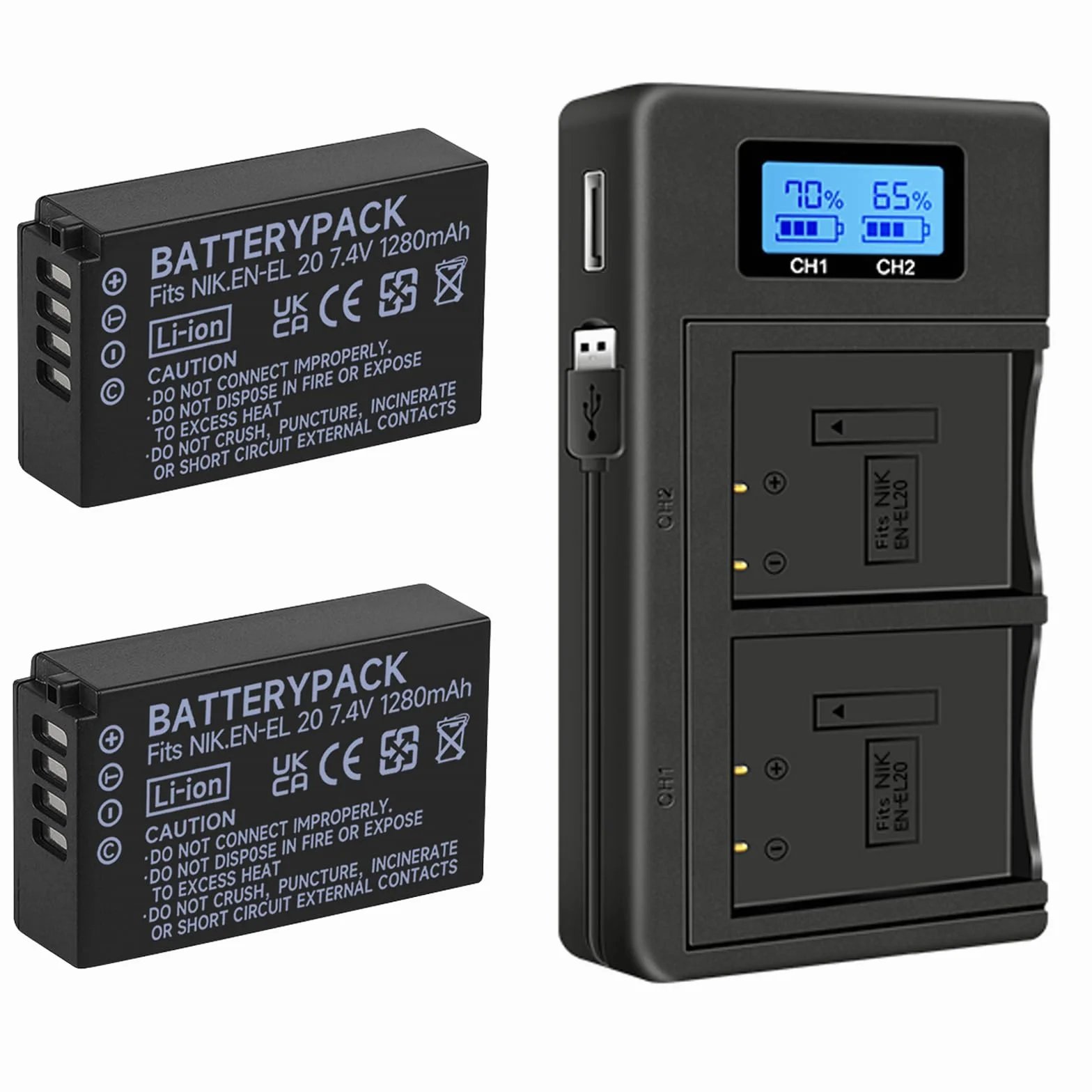 2 szt. EN-EL20 EN-EL20A Bateria i ładowarka LCD, inteligentna podwójna ładowarka i kabel USB do Nikon 1 J1,1 J2,1 J3.1 S1.1 V3, Coolpix A, P1000 Akumulator