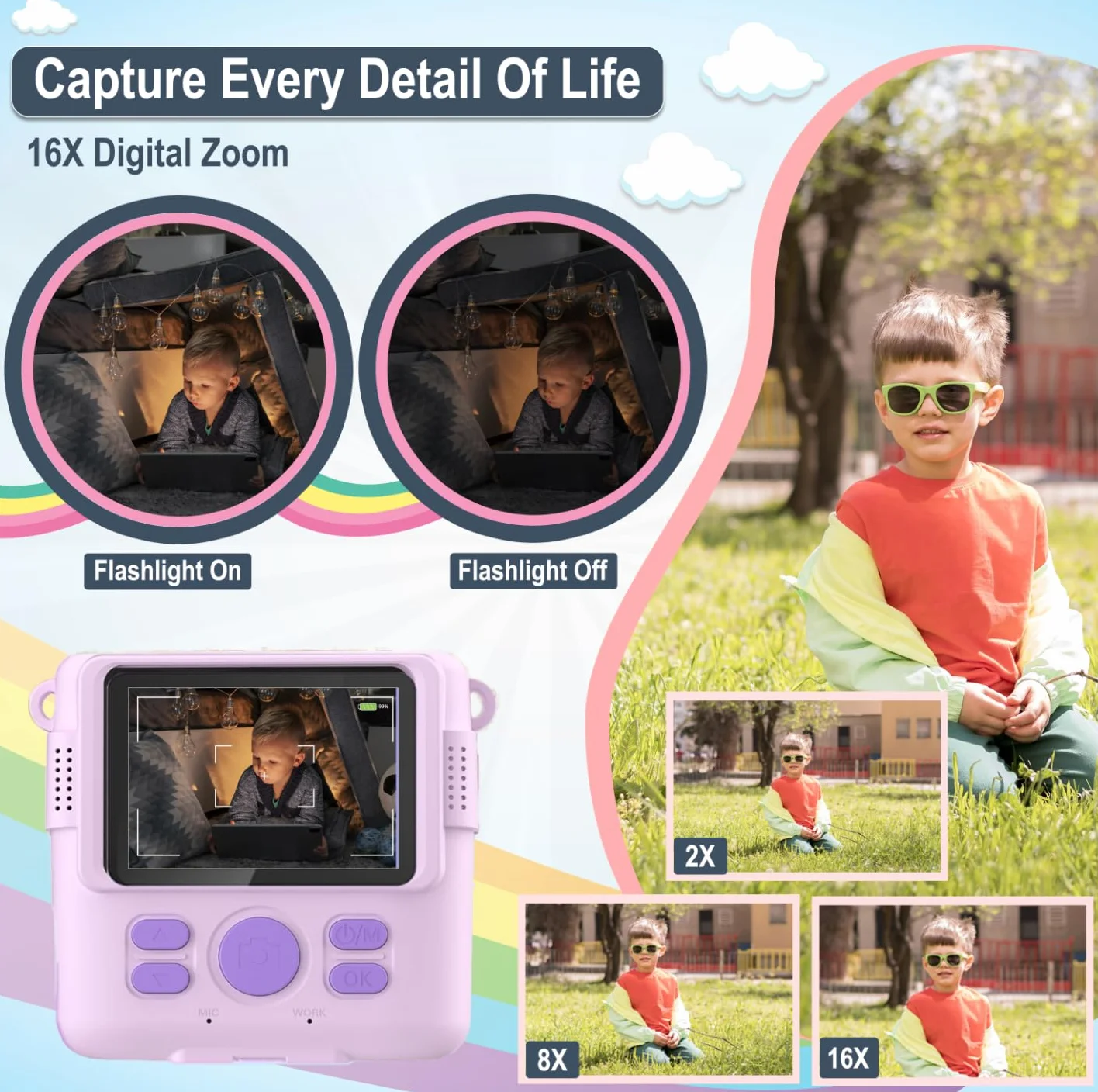 Aparat fotograficzny dla dzieci Natychmiastowe drukowanie,- 2,4" HD 1080P- z kartą SD 32GB, 5 markerów, naklejki, 5 rolek papieru, wisiorek. Aparat dla dzieci i dziewcząt. (Fioletowy)