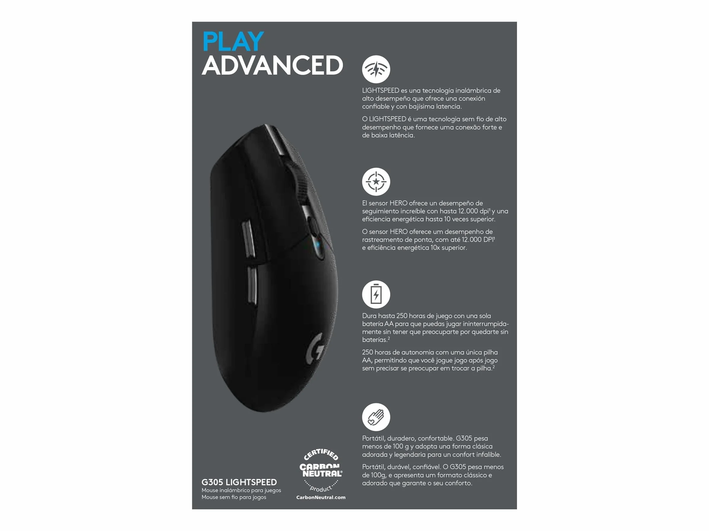 Logitech G G305 LIGHTSPEED Bezprzewodowa mysz do gier, czujnik HERO 12K, 12000 DPI, czarna