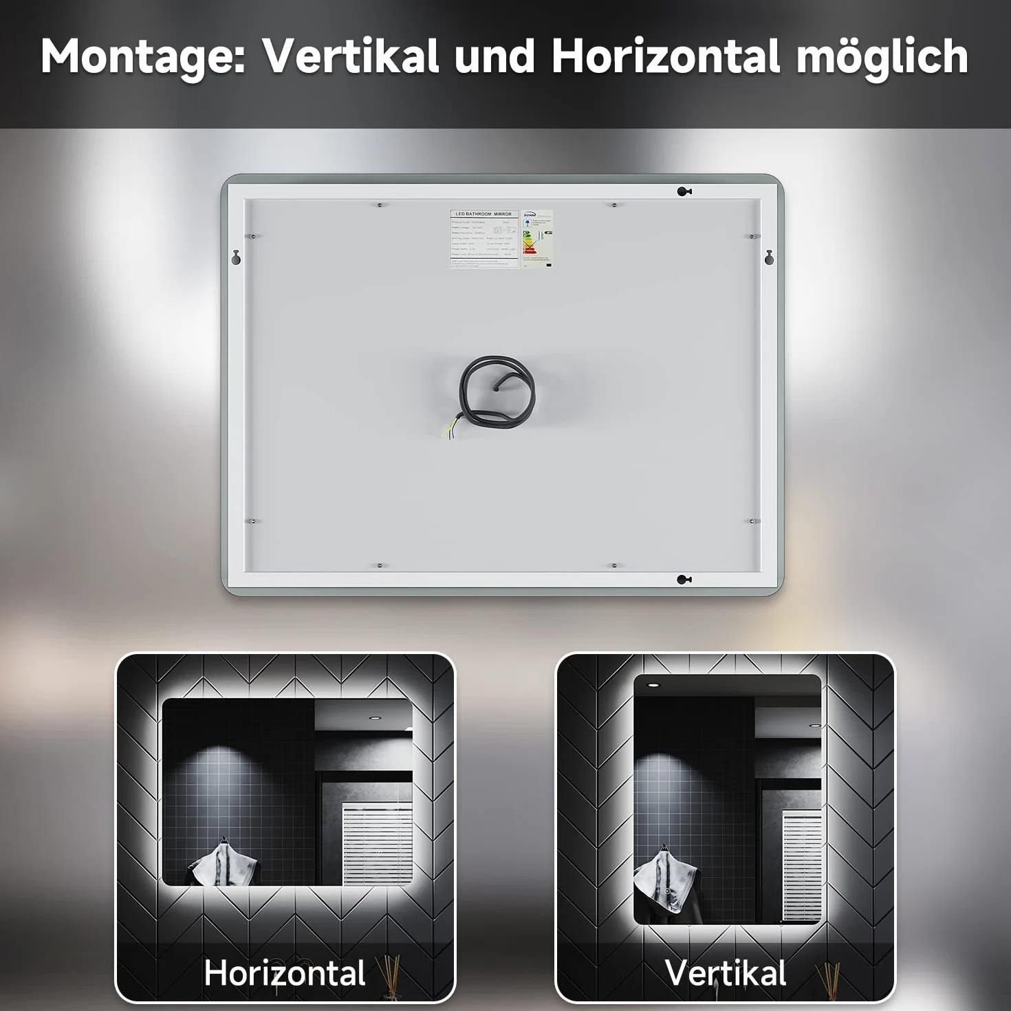 SONNI Lustro łazienkowe z oświetleniem 80x60 cm Bluetooth 5.0 LED bez zaparowania przełącznik dotykowy IP44 6400K