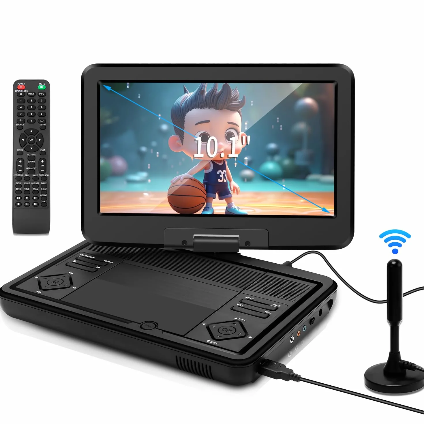 KCR Przenośny odtwarzacz DVD 10,1 cala, wbudowany telewizor DVB-T2 z obrotowym wyświetlaczem LED/USB/HDMI/AV, akumulatorem i dwoma głośnikami