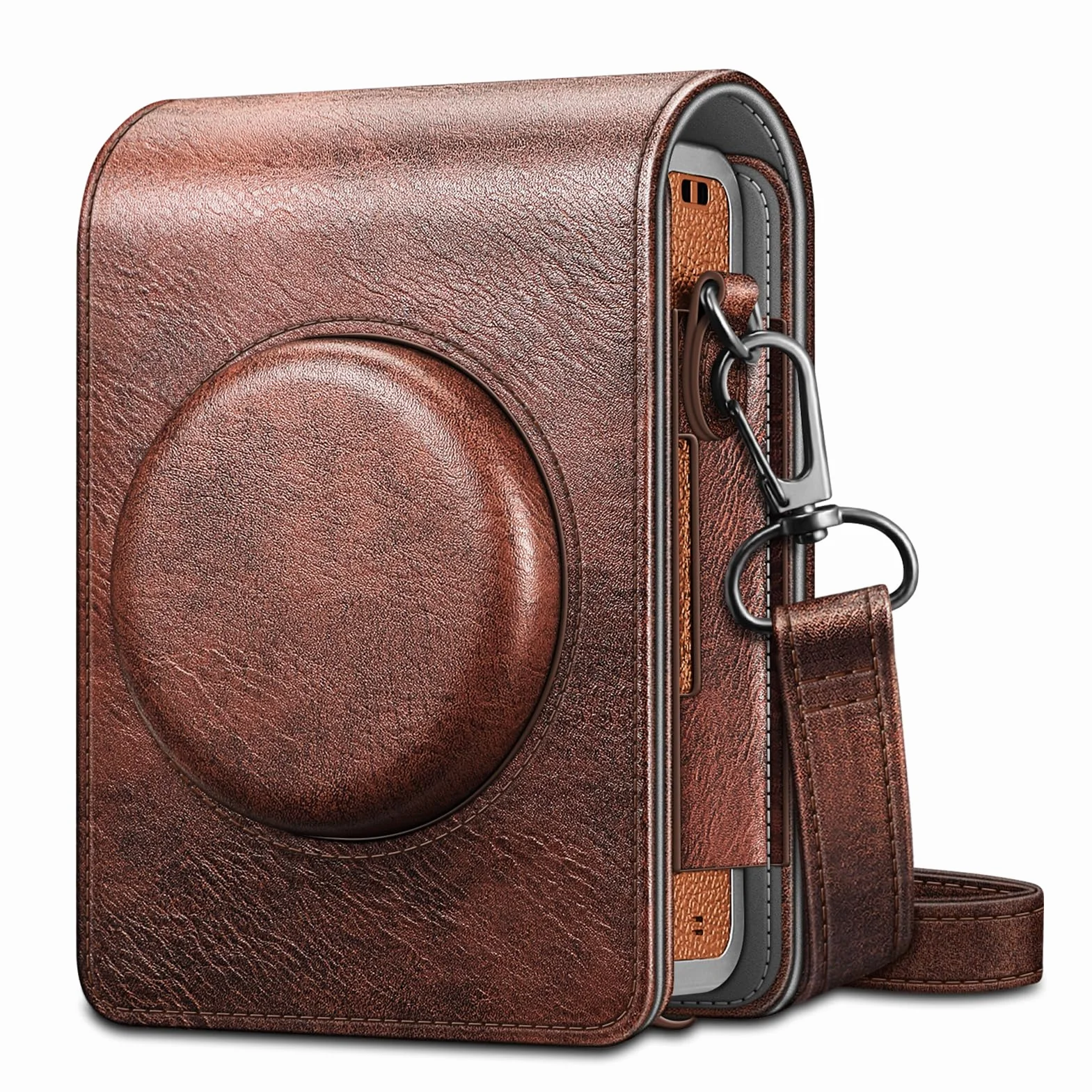 FINTIE etui ochronne Kompatybilny z Fujifilm Instax Mini Evo na aparat fotograficzny, wysokiej jakości wegańska skóra z odpinanym regulowanym paskiem, Brązowy vintage