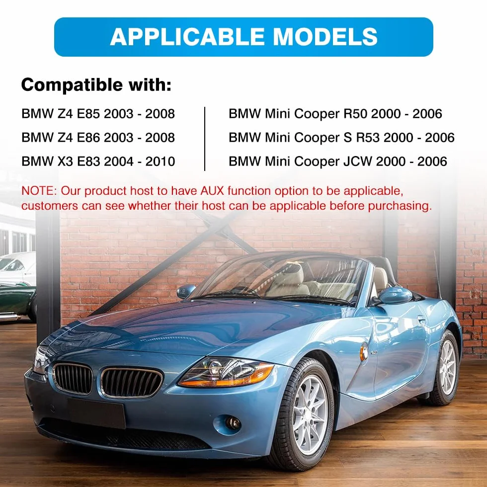 Riloer Adapter Bluetooth Audio AUX z mikrofonem, pasuje do BMVV Z4 (E85/E86), X3 (E83), Mini Coopera (R50/JCW), Mini Coopera S R53