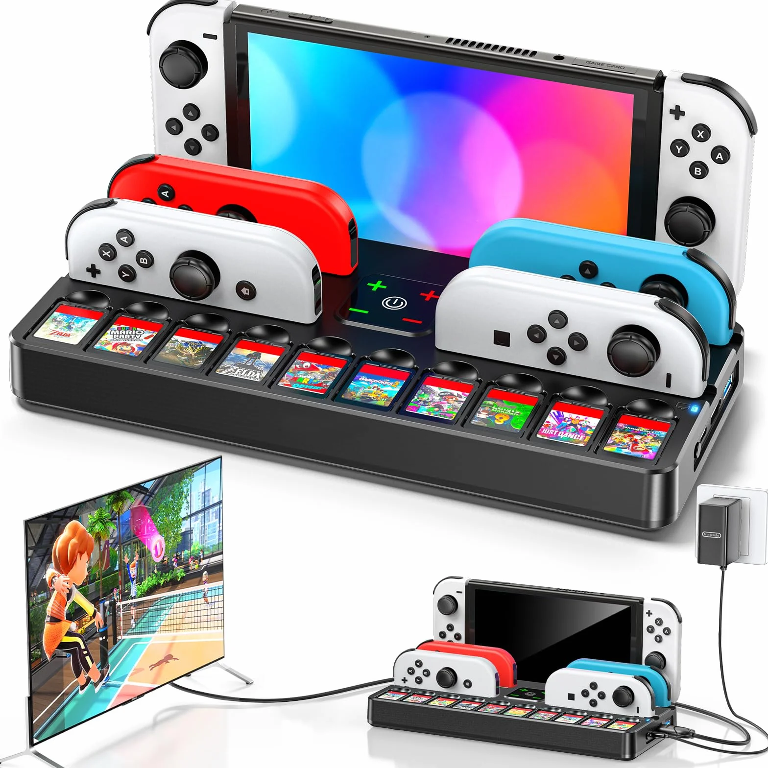 Stacja dokująca do telewizora ze stacją ładującą switch, przełącznik OLED TV z zasilaczem TV 4K HDMI, zastępcza stacja dokująca z interfejsem/kontrolerem przełącznika, stacja ładująca i 10 gier