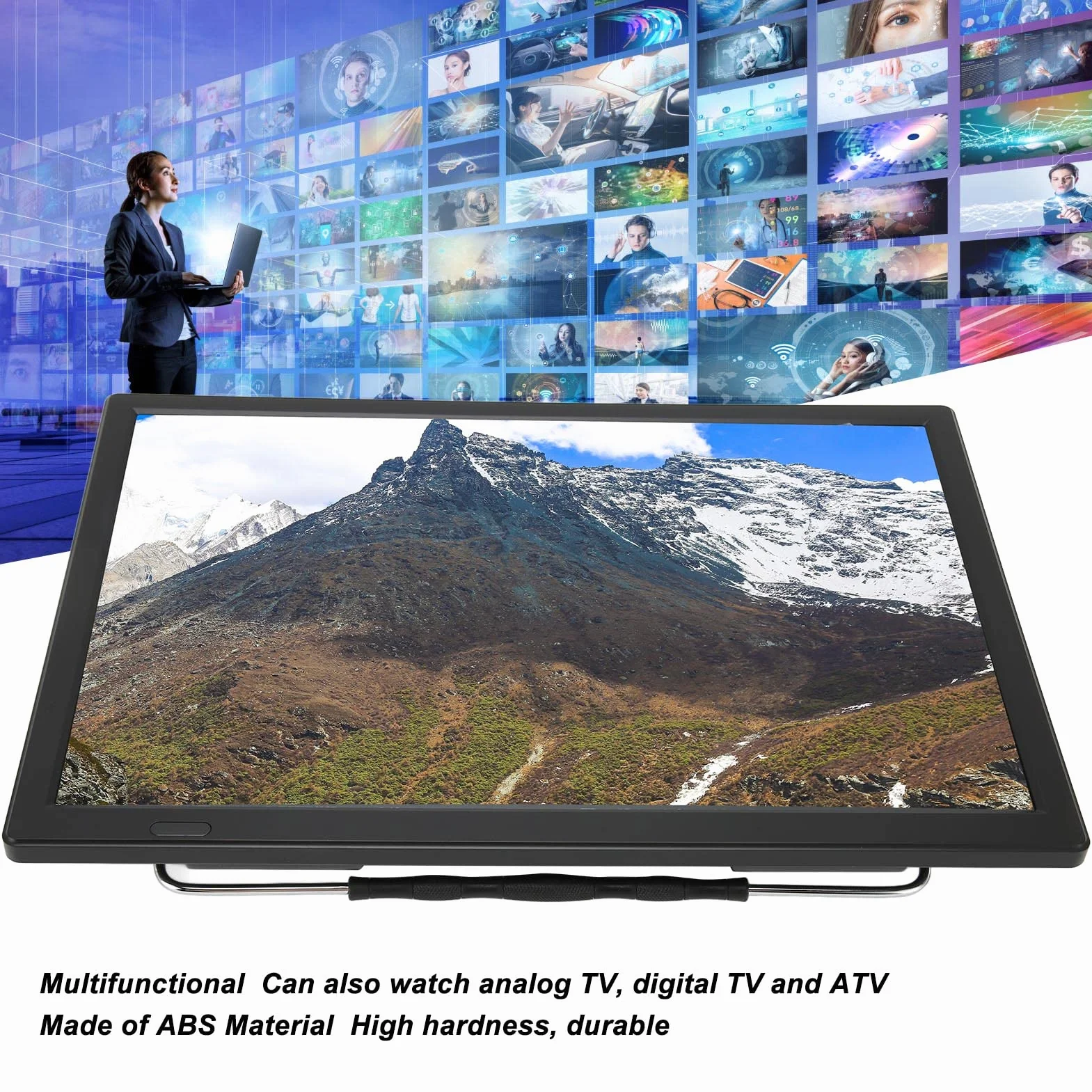 16-calowy Przenośny Telewizor Cyfrowy, Samochodowy Panoramiczny Telewizor LED z Odłączanymi Antenami, Obsługa Telewizji Analogowej, Telewizji Cyfrowej i ATV, do Kuchni