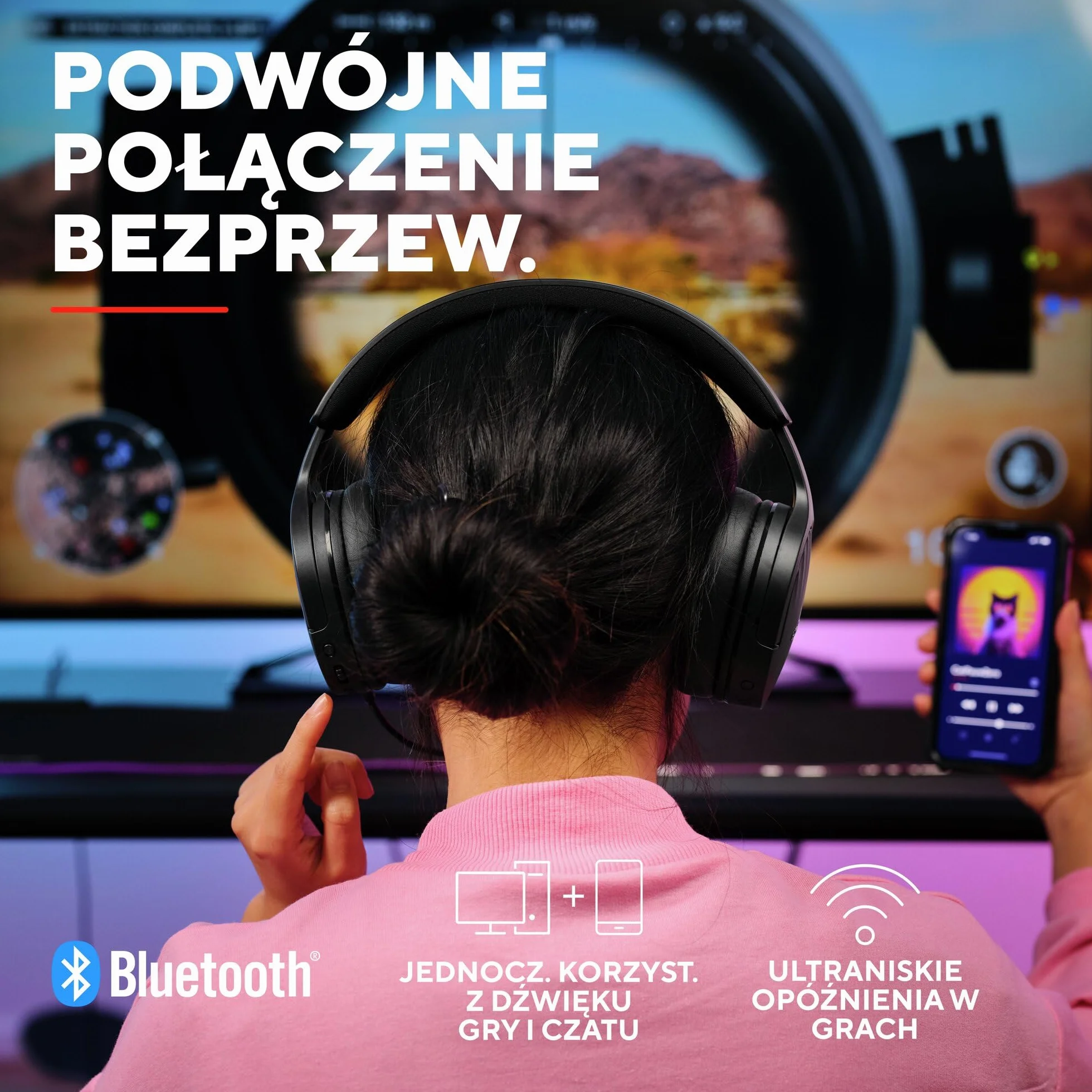 GXTrust 491 Fayzo zestaw słuchawkowy gamingowy Bluetooth 2,4 GHz dźwięk przestrzenny 7.1 czas pracy baterii 22 h bezprzewodowy headset RGB wokółuszny czarny