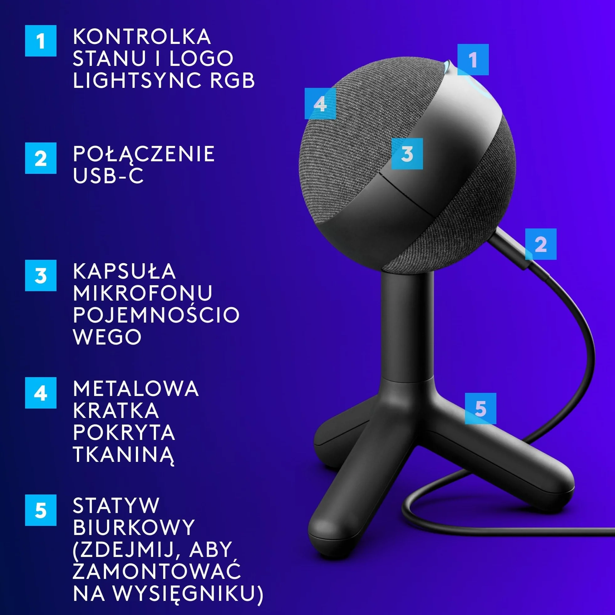 Logitech G Yeti Orb Mikrofon pojemnościowy RGB do gier z LIGHTSYNC, mikrofon USB do przesyłania strumieniowego, kardioidalny, USB Plug and Play do komputera PC/Mac – czarny