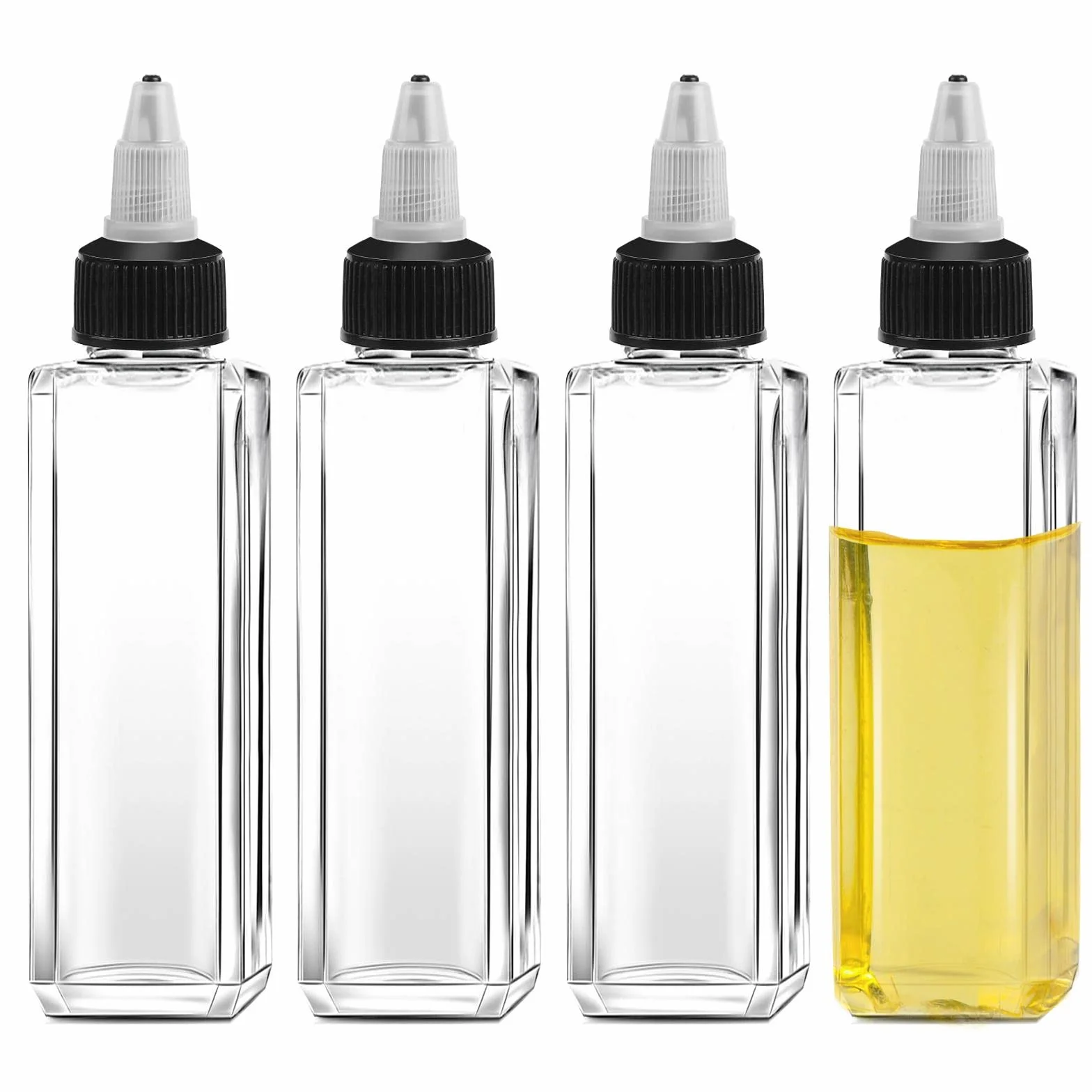 Butelki na olej, 4 sztuki, dozownik oleju z nasadkami, pojemnik z tworzywa sztucznego na płynne przyprawy, przezroczyste, szczelne butelki do sosu olejowego, sojowego (100 ml)