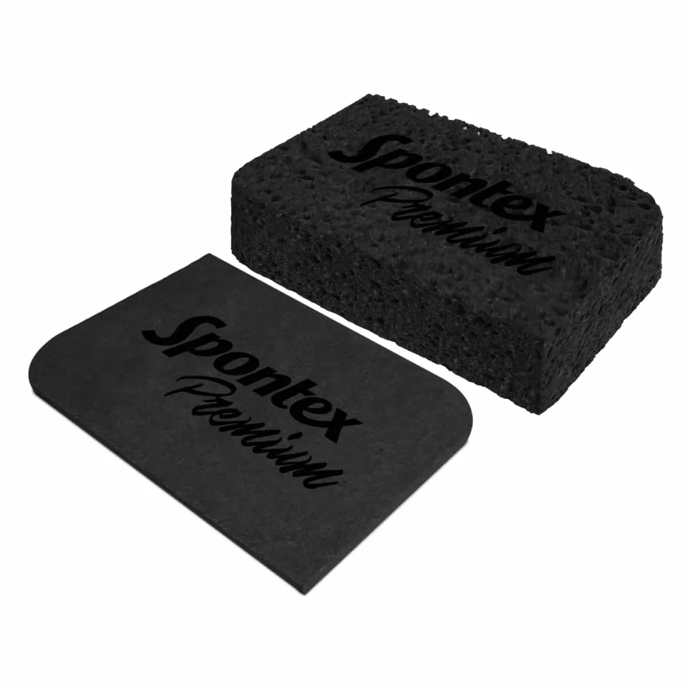 SPONTEX Gąbka puchnąca klasy premium, czarna, 3 sztuki, ze 100% biodegradowalnej celulozy, wytrzymała i chłonna, spuchnięta ok. 108 x 68 x 30-32 mm