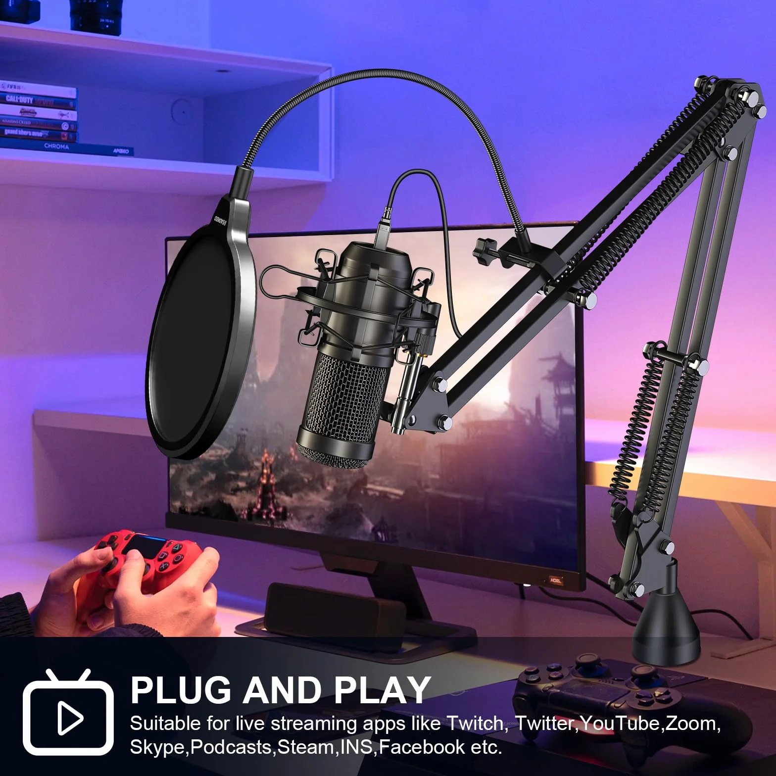 Aokeo AK-60 Mikrofon USB, 192 kHz/24-bit, do gier PC, ze stojakiem na ramię, uchwytem amortyzującym, filtrem pop, osłoną piankową, do podcastów, przesyłania strumieniowego, studia, karaoke, nagrywania