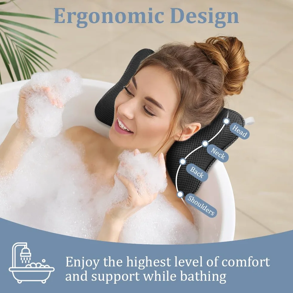 Flintronic Poduszka łazienkowa ergonomiczna oddychająca z siatki do wanny na głowę szyję ramiona plecy czarna