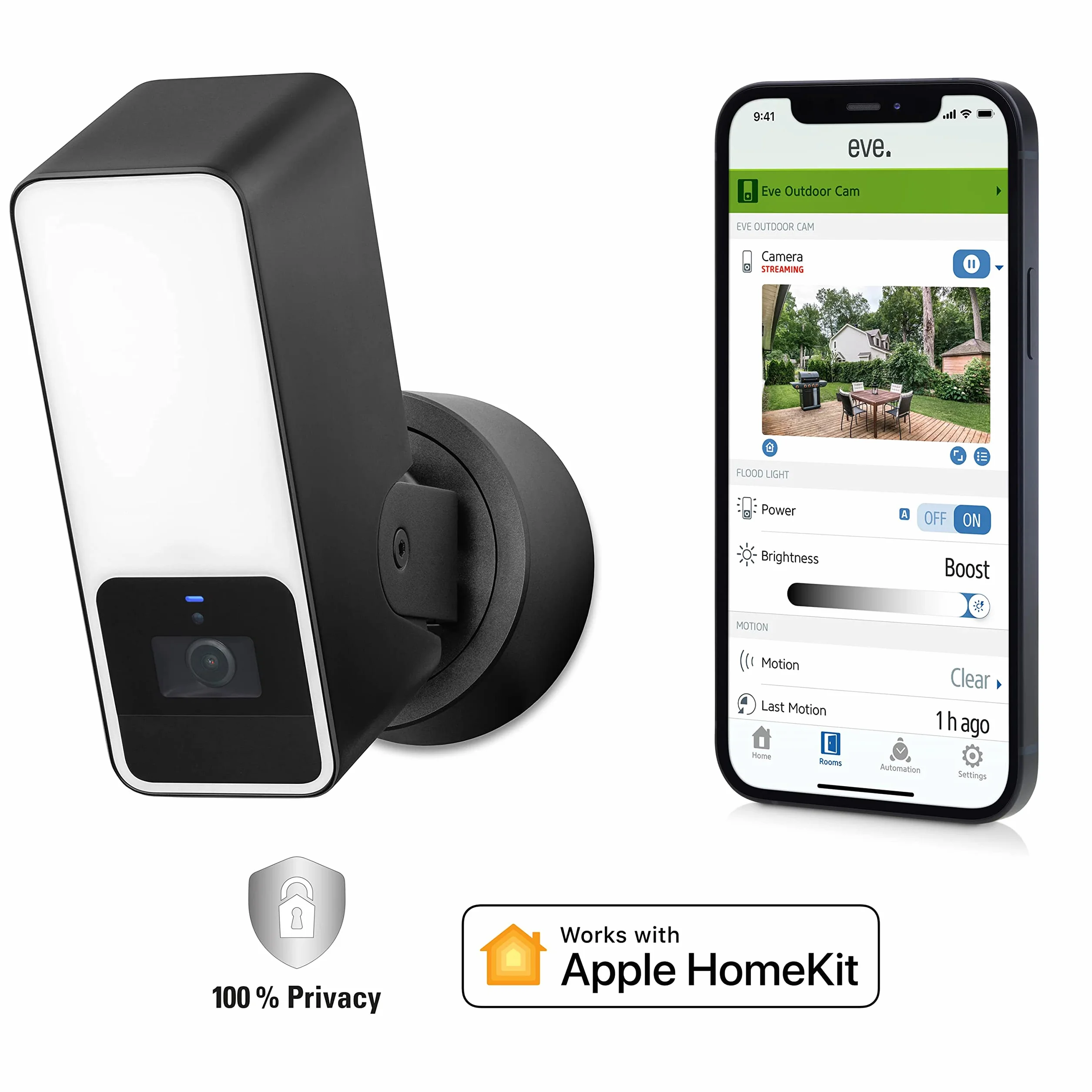Eve Outdoor Cam - zewnętrzna kamera monitorująca z czujnikiem ruchu, reflektorem, noktowizorem, interkomem, elastyczną instalacją, WiFi, najwyższą ochroną danych dzięki Apple HomeKit Secure Video