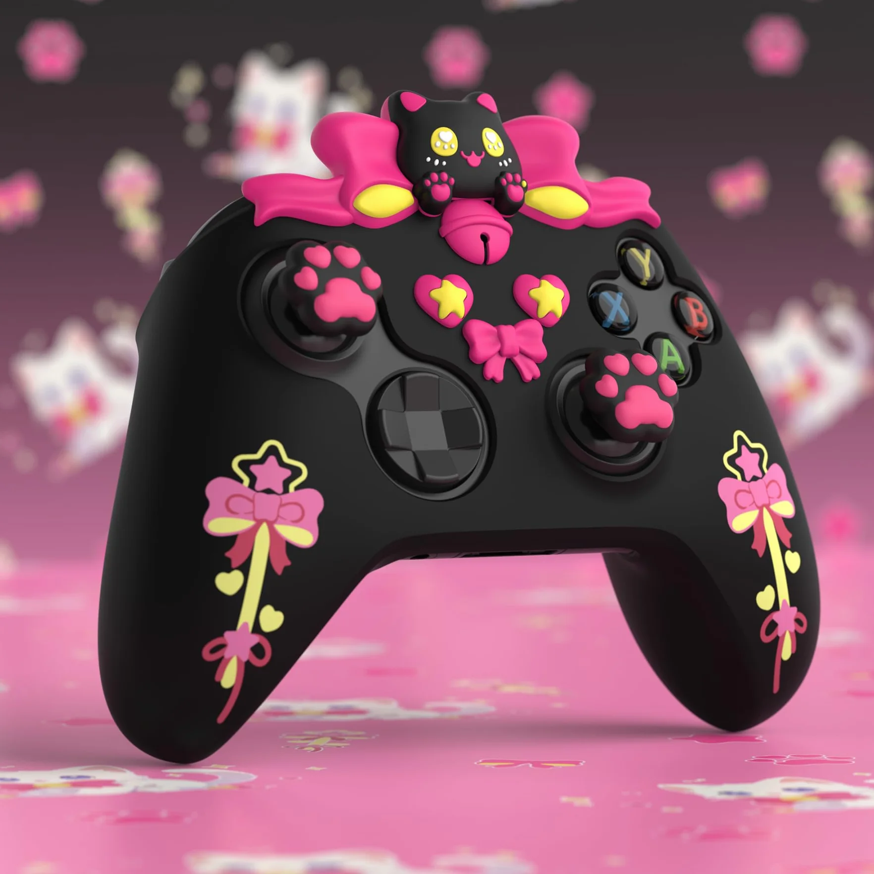 PlayVital Silikonowa Osłona do Xbox Series X S Kontrolera z Nakładkami Joystick i Naklejkami, Miękka Gumowa Ochrona Akcesoria do Xbox Core Controller–Czarny,Sweetheart Kitty
