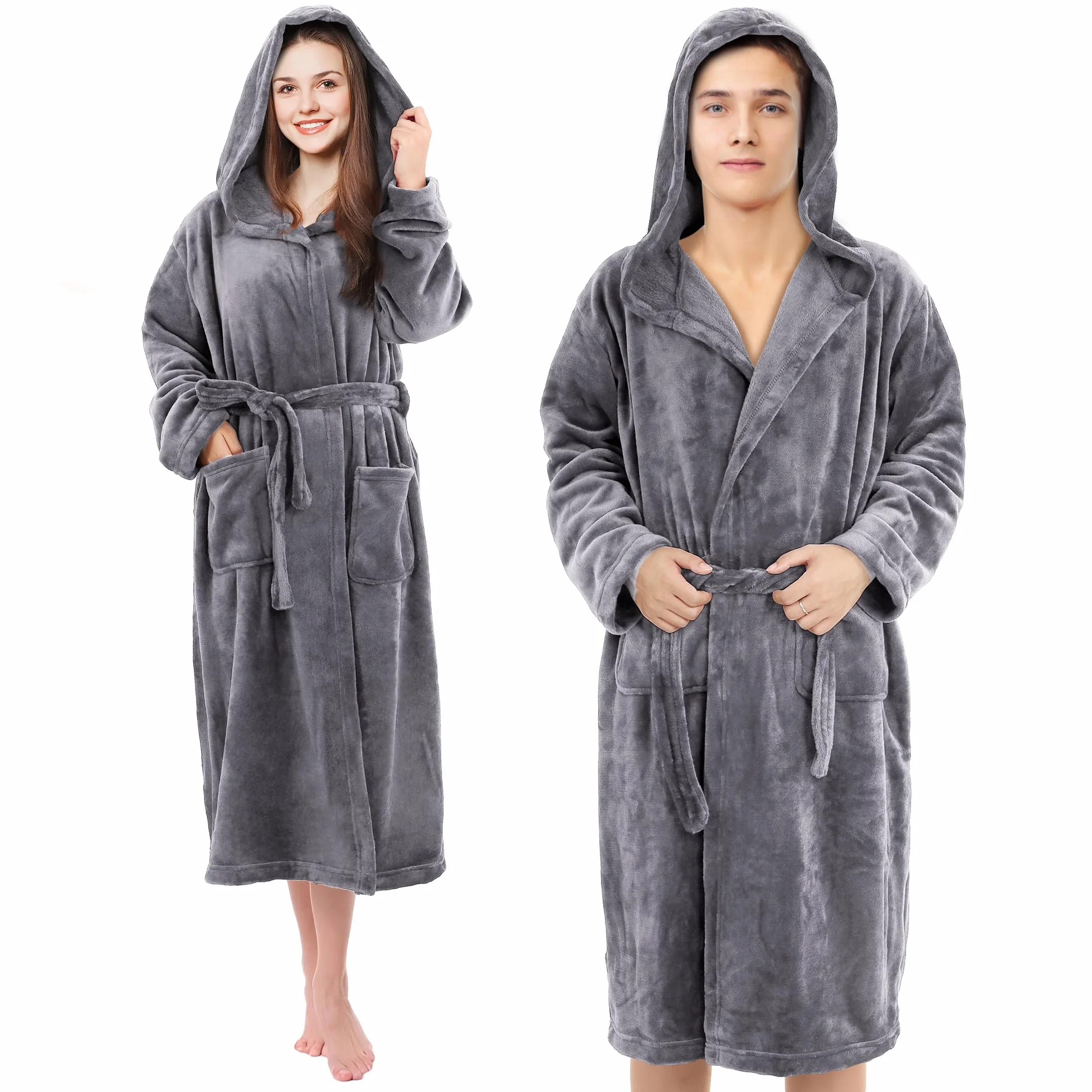 Pameil Szlafrok dla kobiet i mężczyzn, puszysty szlafrok z kapturem, koralowy polar, naszywane kieszenie, chłonny i szybkoschnący (długość 115 cm x szerokość barku 50 cm)