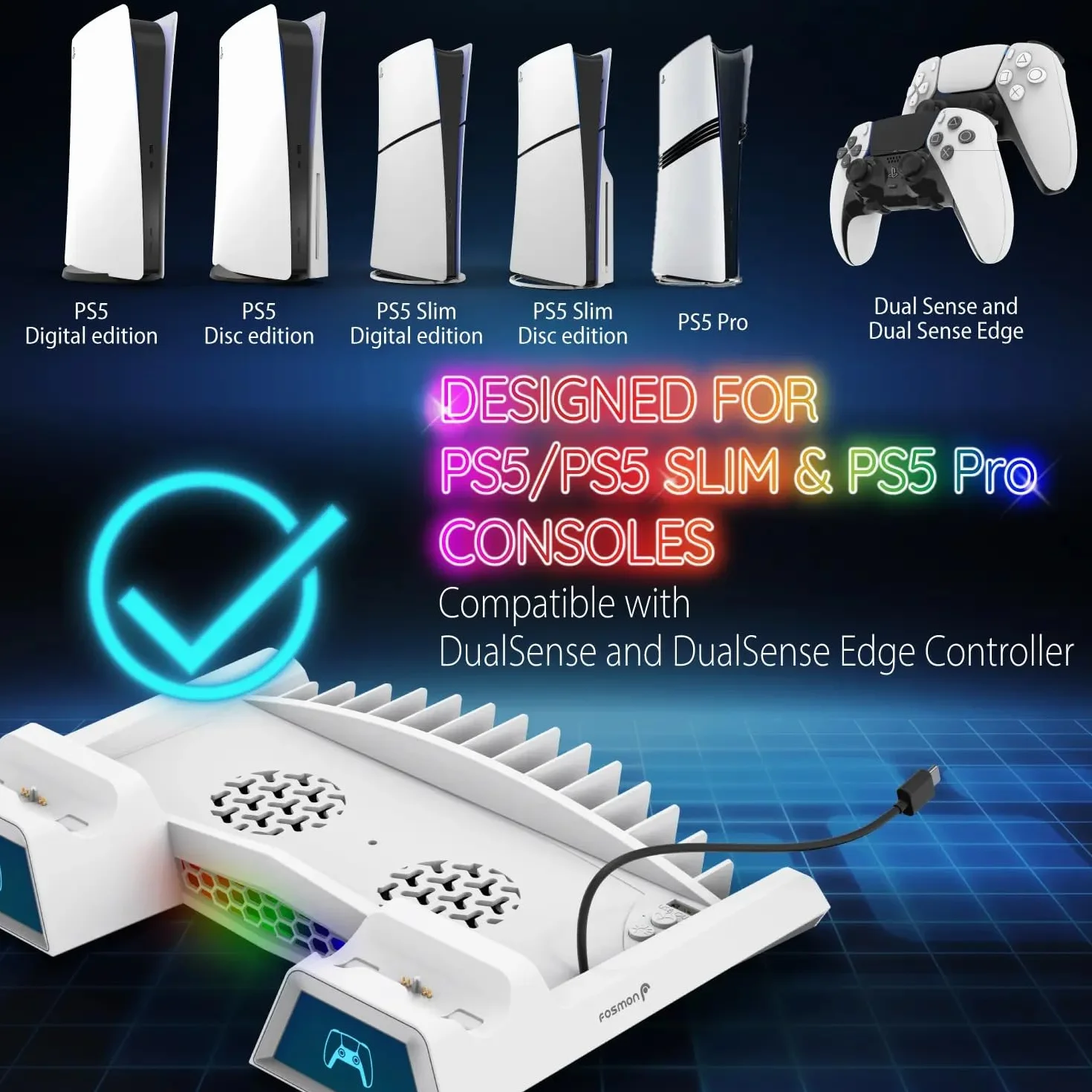 Fosmon Stacja stojąca i chłodząca PS5 z oświetleniem RGB LED, podwójna stacja ładująca do kontrolera DualSense/Edge, 10 gniazd gier, uchwyt na słuchawki (kompatybilne z Playstation 5 Slim Disc i