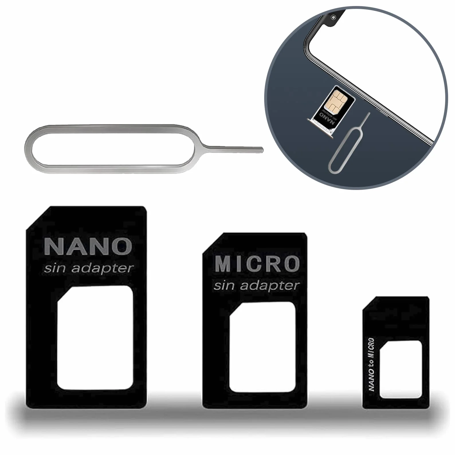 Adapter 3 w 1 nano SIM, kompletny zestaw adapterów do nano-SIM na kartę SIM, z igłą Sim Eject Pin, zestaw adapterów do smartfonów, telefonów komórkowych i tabletów