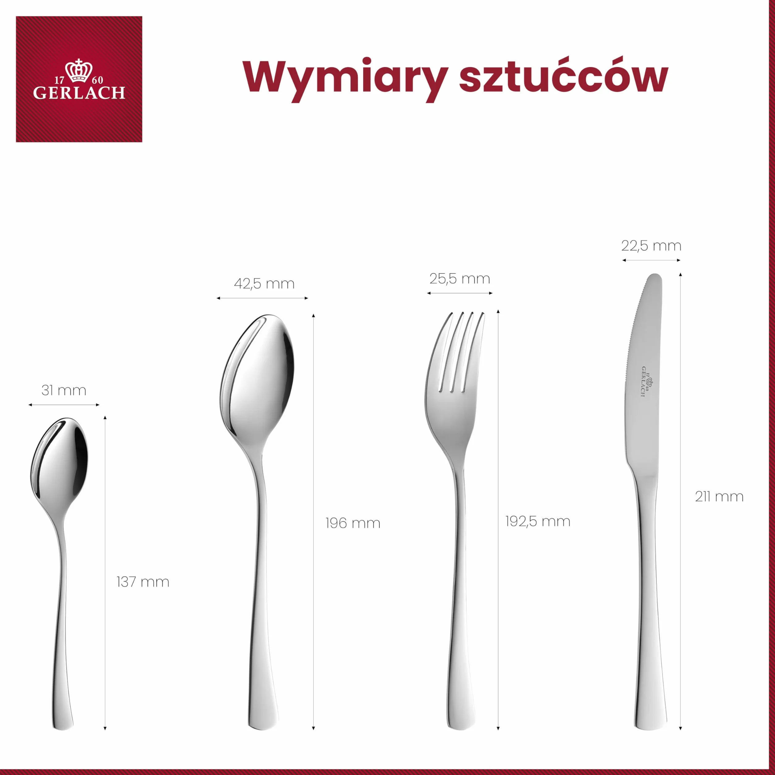 Gerlach 1760 Zestaw sztućców - 24 szt - Stal nierdzewna 18/0 - Sztućce bez niklu - Do mycia w zmywarce - Tune