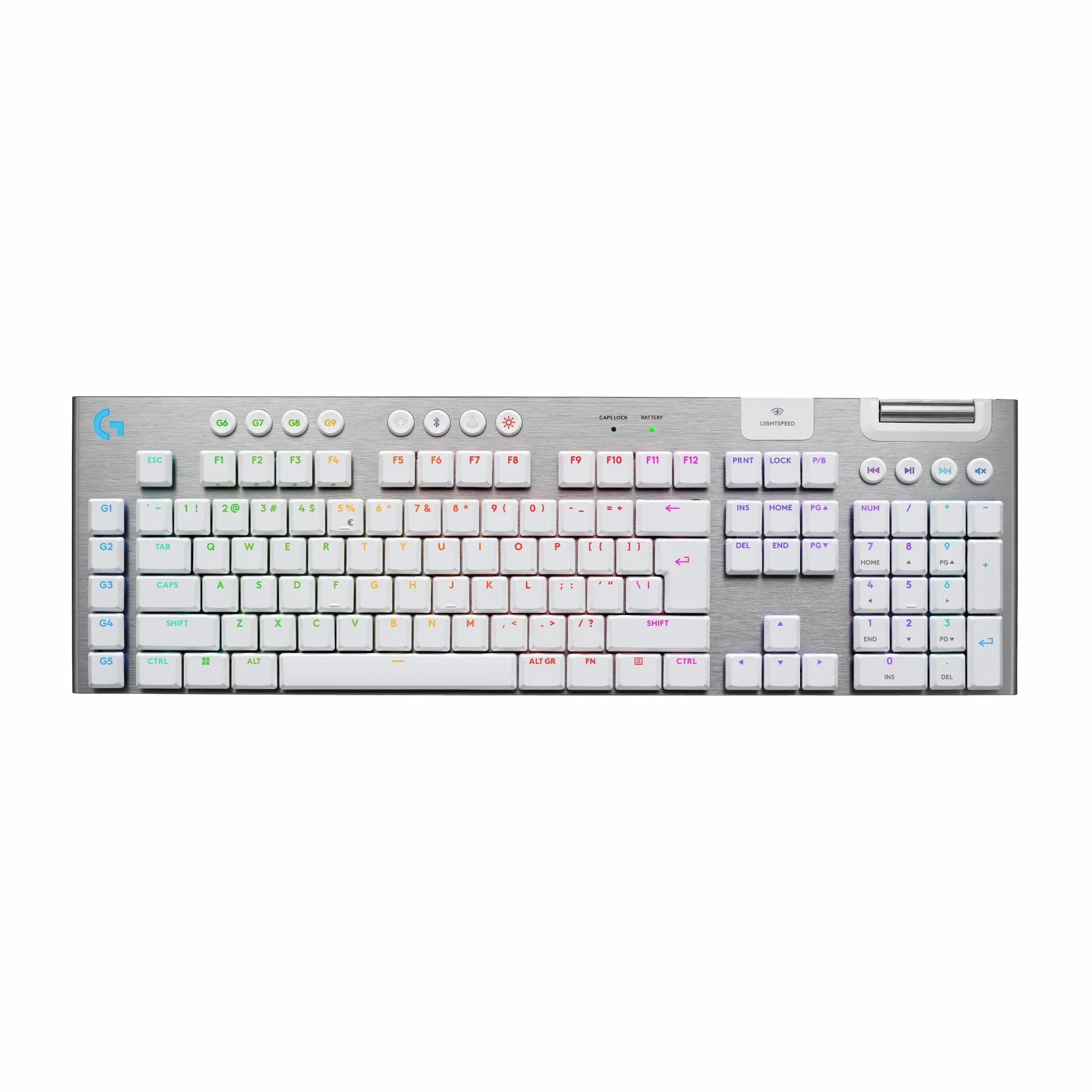 Logitech G G915 X Przeznaczona do gier bezprzewodowa klawiatura o płaskim profilu z technologią LIGHTSPEED, brązowe przełączniki sprężynujące GL Brown — PC/Mac, QWERTY układ US international - Biały