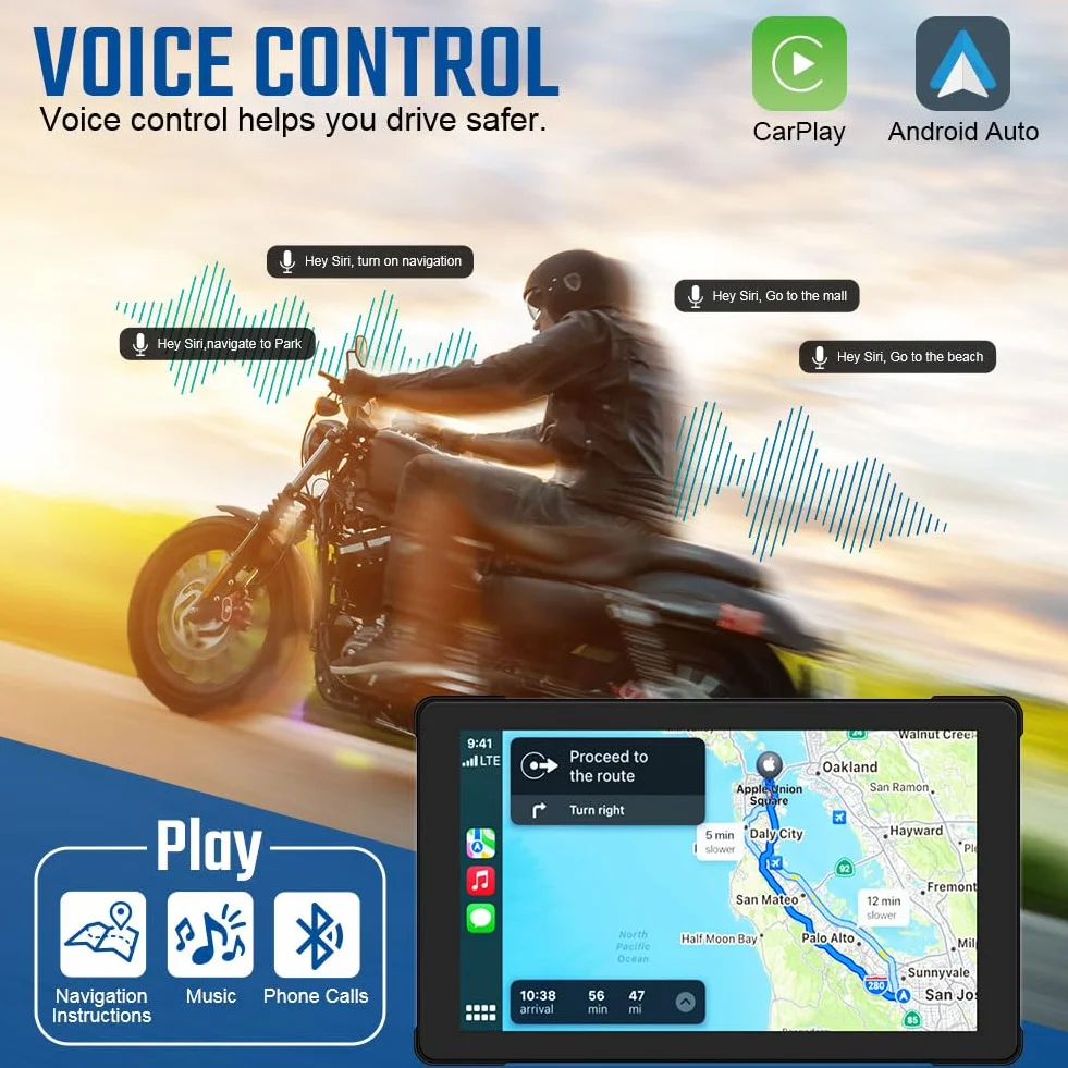 AXFEE Carplay motocyklowy ekran GPS, Carplay do motocykla z przenośnym uchwytem, CarPlay i Android Auto do motocykla, 7-calowy ekran dotykowy, podwójny Bluetooth, karta TF 32 G, GPS, Siri.