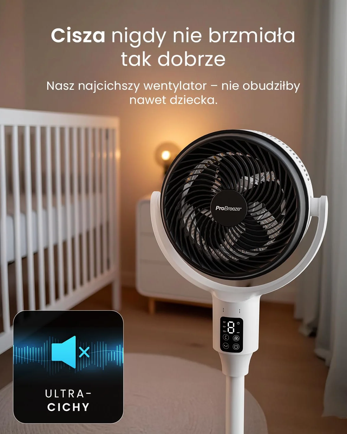 Wentylator stojący Pro Breeze AirFlo Smart 108 cm – 29 dB Supercichy – Wyświetlacz LED, Aplikacja i Pilot, 2 Tryby, Oscylacja Pionowo-Pozioma – WiFi