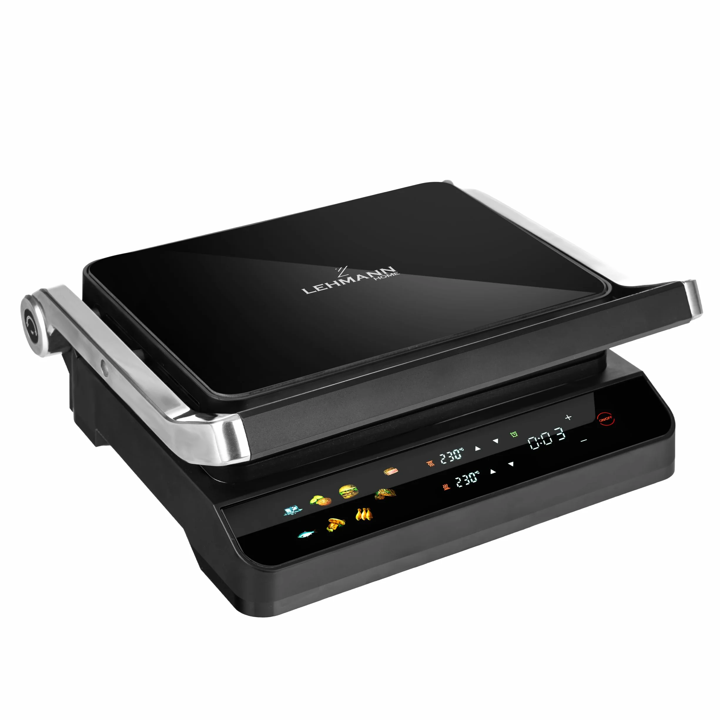 LEHMANN Grill kontaktowy, 2000 W, grill stołowy rozkładany 180°, zdejmowane płyty nieprzywierające, wyświetlacz: 10 programów, regulacja temperatury 90-230°C, timer 1-240 min, grill elektryczny do