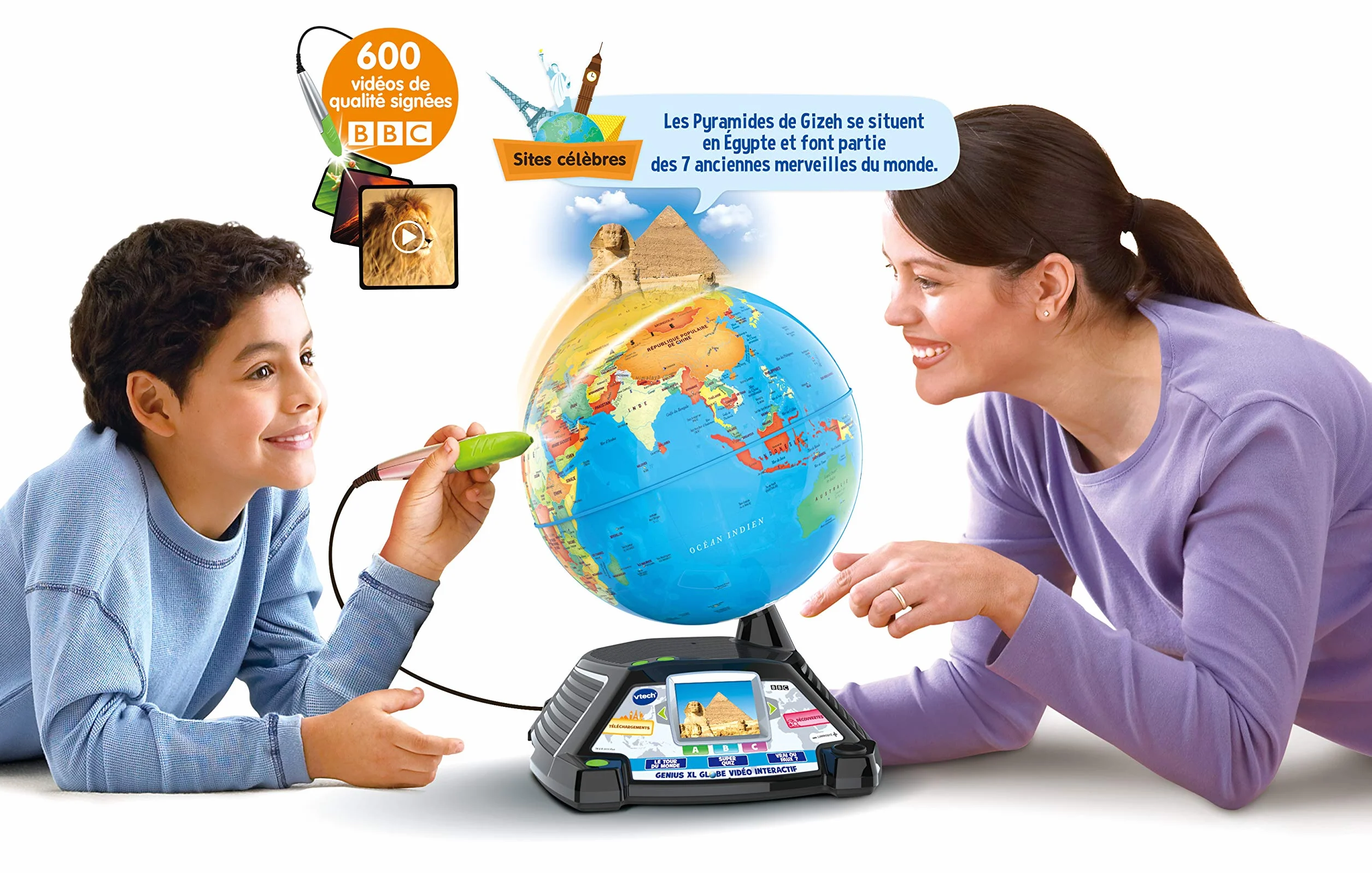 Vtech 80-605465 Interaktywny globus wideo, skórzany globus, opakowanie normalne, wielokolorowy, francuski