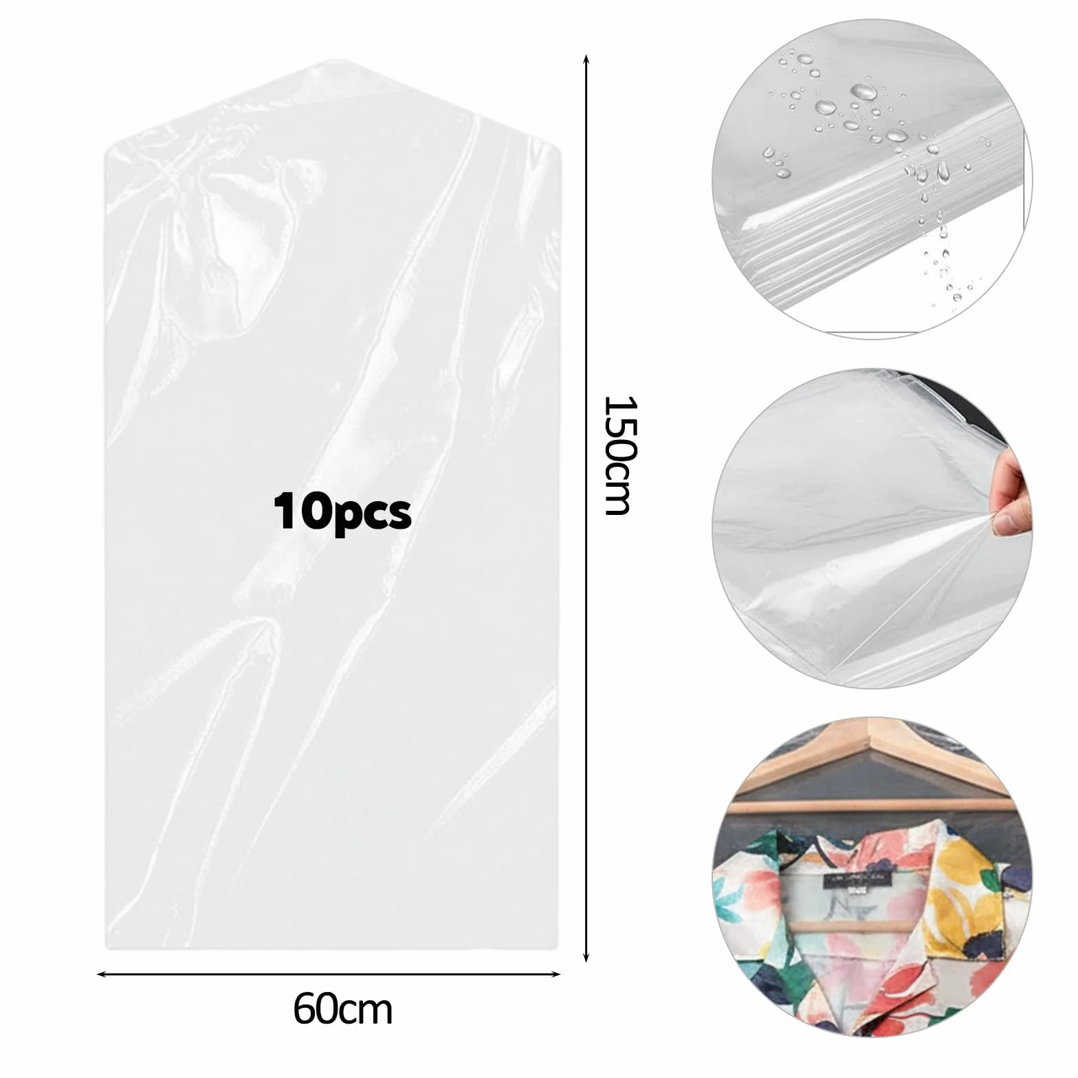 10 sztuk przezroczystych długich pokrowców na ubrania z tworzywa sztucznego do zawieszania na garnitury, suknie, płaszcze, kurtki, koszule (10 sztuk 60 * 150cm)