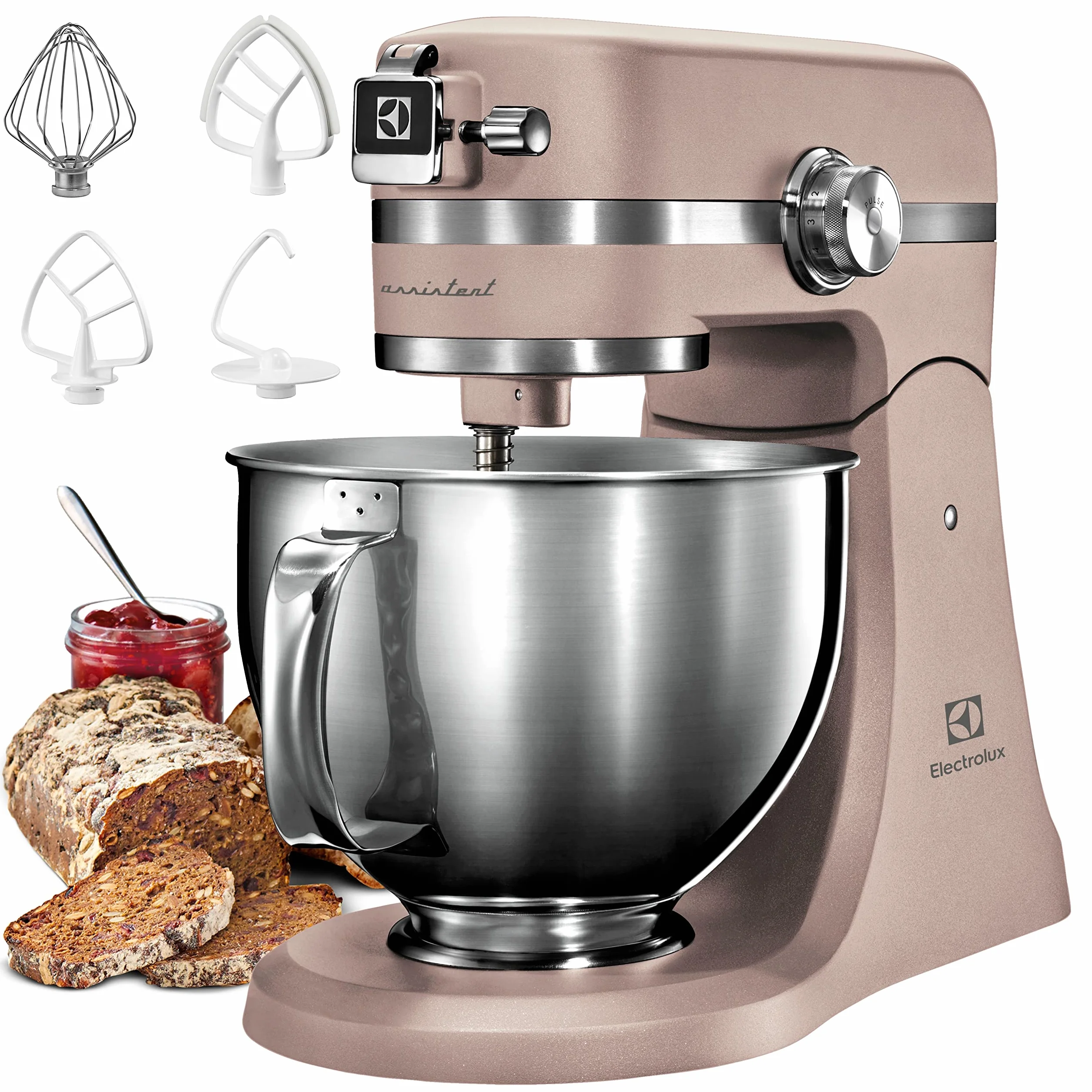 Electrolux Robot Kuchenny 1200 W, 10 prędkości + f. pulsacyjna, Oświetlenie LED misy, 2 misy o pojemności 4,8l i 2,9l, W Zestawie: Hak, Trzepaczka, Ubijaczka, Silikonowa Łyżka, Pokrywa, EKM5570,Beżowy