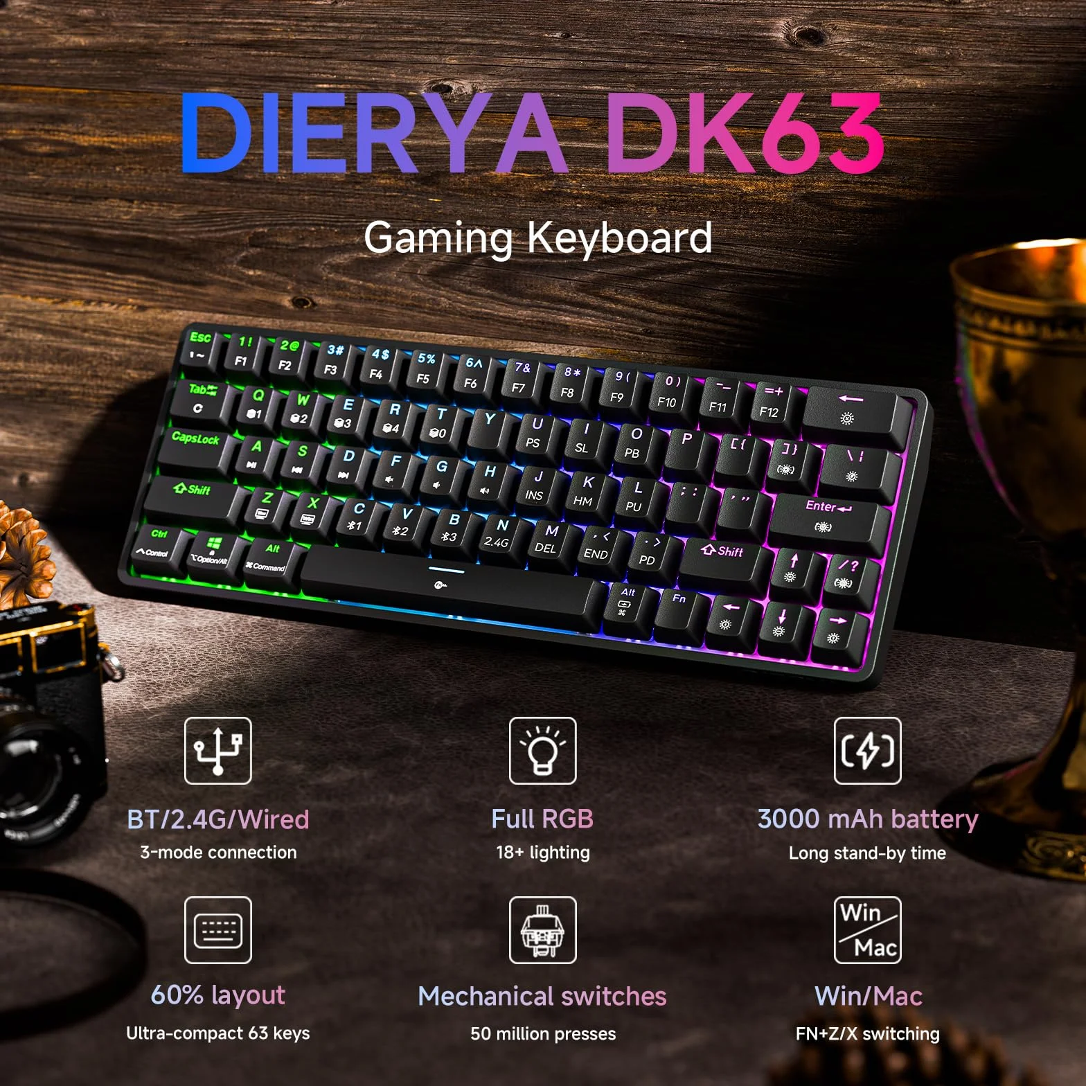Dierya DK63 Gaming Klawiatura,60% Bezprzewodowa Klawiatura Mechaniczna z Bluetooth/2.4G/Type-C,Kompaktowa 63-Klawiszowa z Anti-Ghosting,RGB Podświetleniem,Layout US (Czarny, Red Linear Switch)